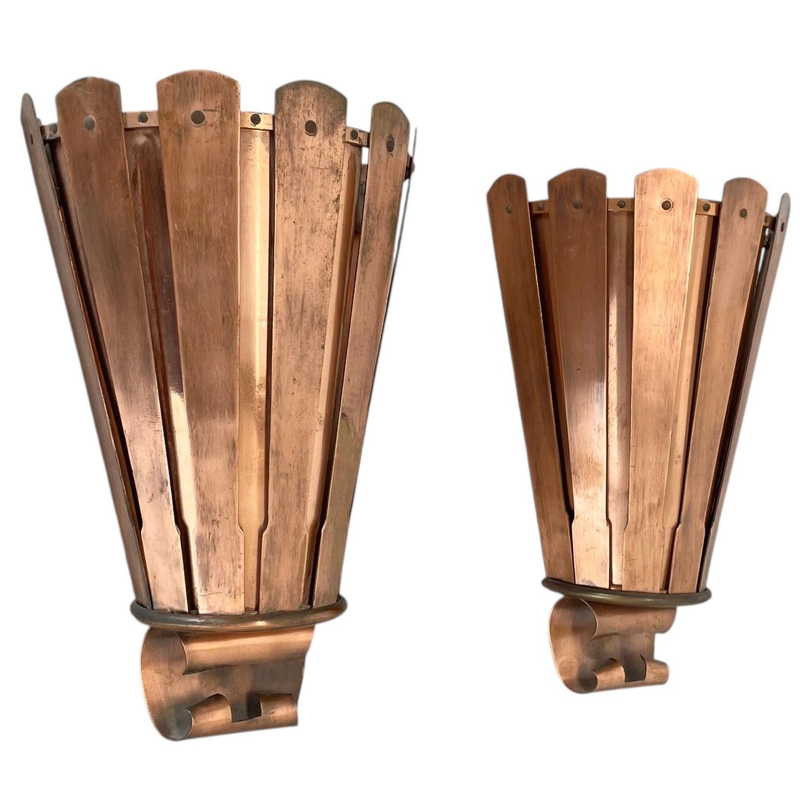 Set Of 2 Copper 25cm Gio Ponti Style Theatre Wall Light Sconces, Italy, 1950s