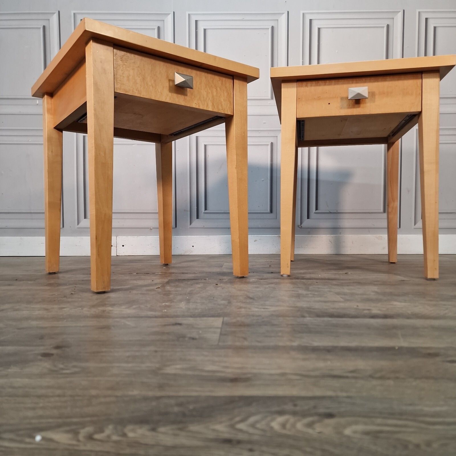 Pair 2 Bedside Tables   Maple Veneer Drawers Lamp Side Cabinet Nightstands Retro photo for sale
