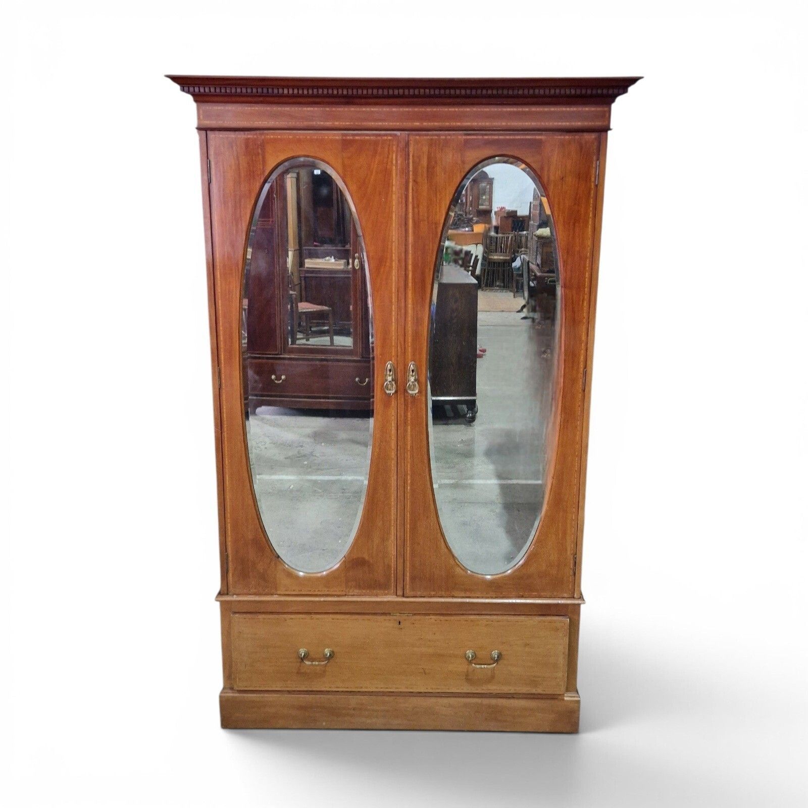 Antique Edwardian Inlaid Mahogany Double Wardrobe Oval Mirror Doors Cws photo Furniture