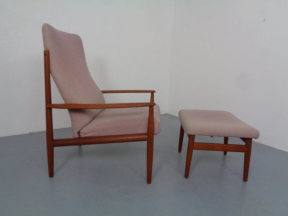 Set Of Teak High Back Chair And Ottoman By Grete Jalk For France & Son, Denmark, 1960s photo for sale