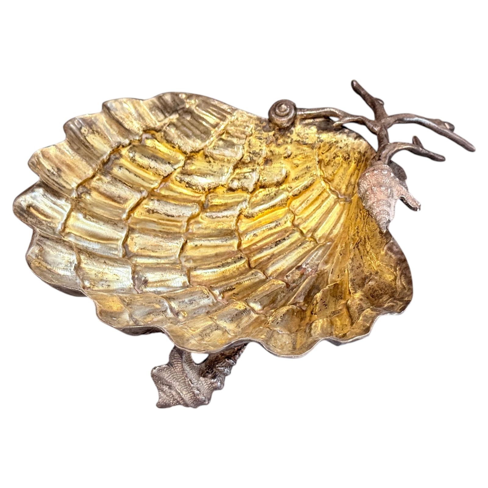 Franco Lapini Signed Silver Plated Shell Dish With Seahorse And Starfish Gilded