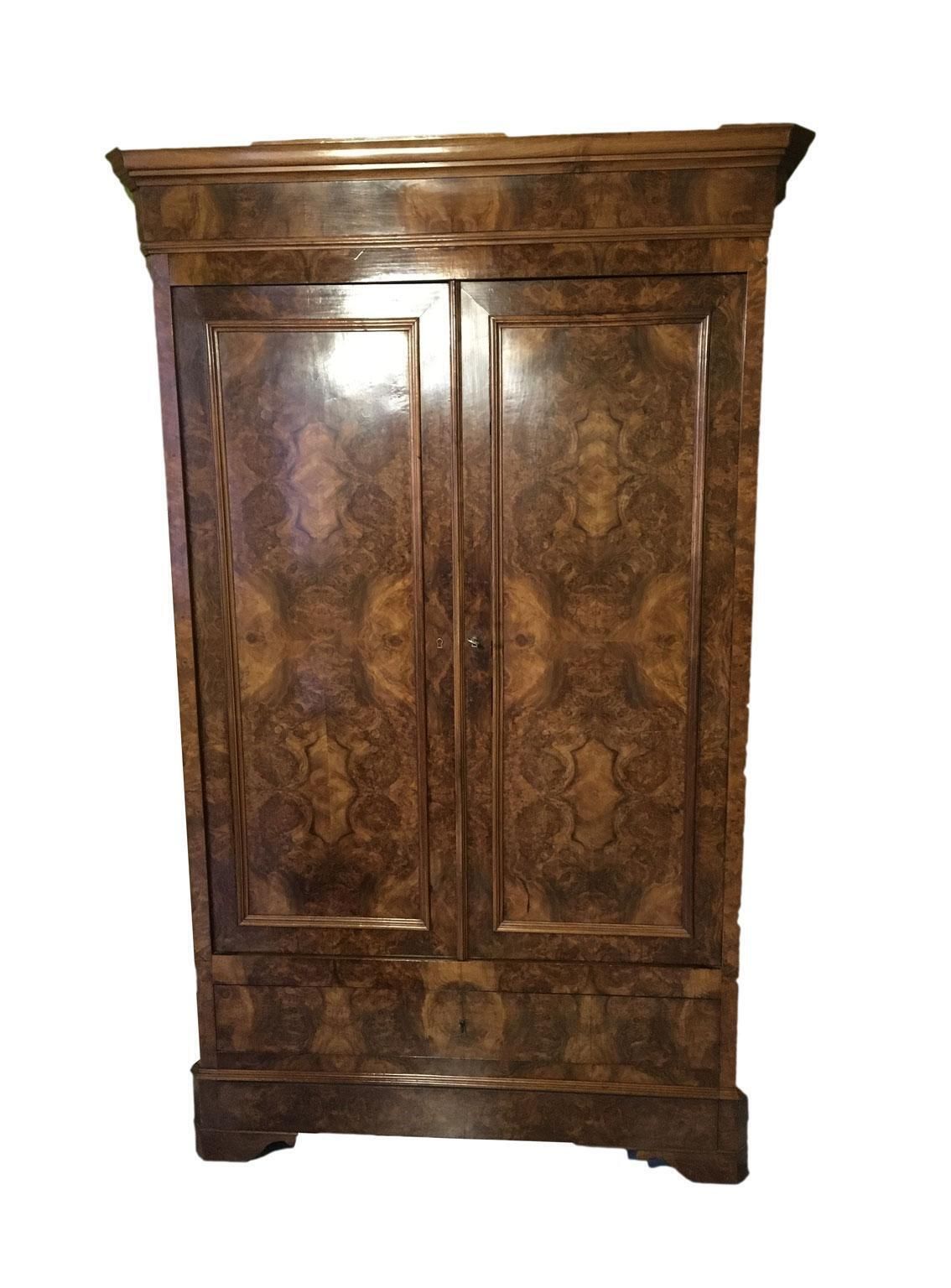 Italy Mid  19th Century Walnut Olive Wood Neoclassical Storage Cabinets Armoires photo furniture