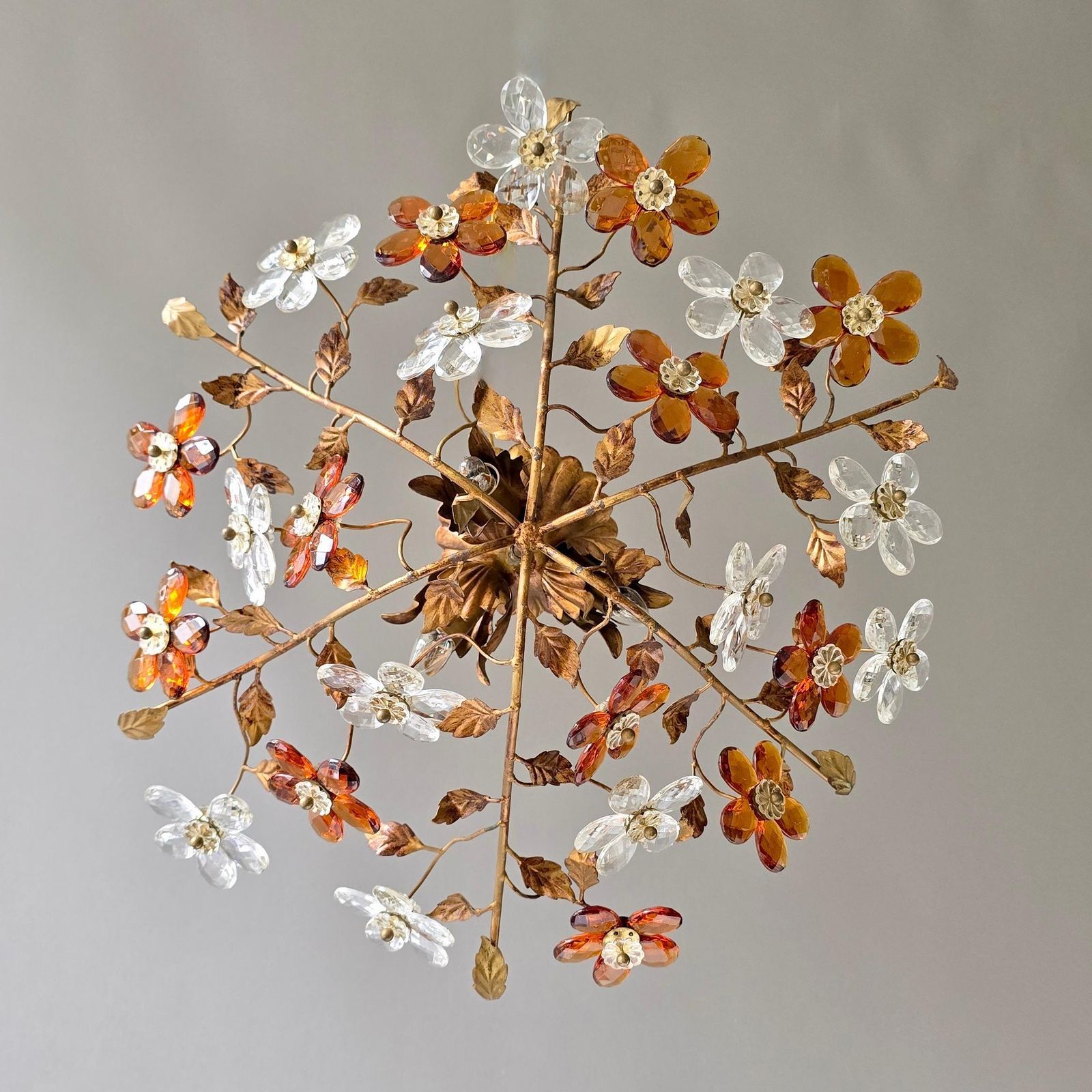 Italian Crystal Flower Flush Mount Ceiling Light With 24 Crystal Flowers, 1970s photo for sale