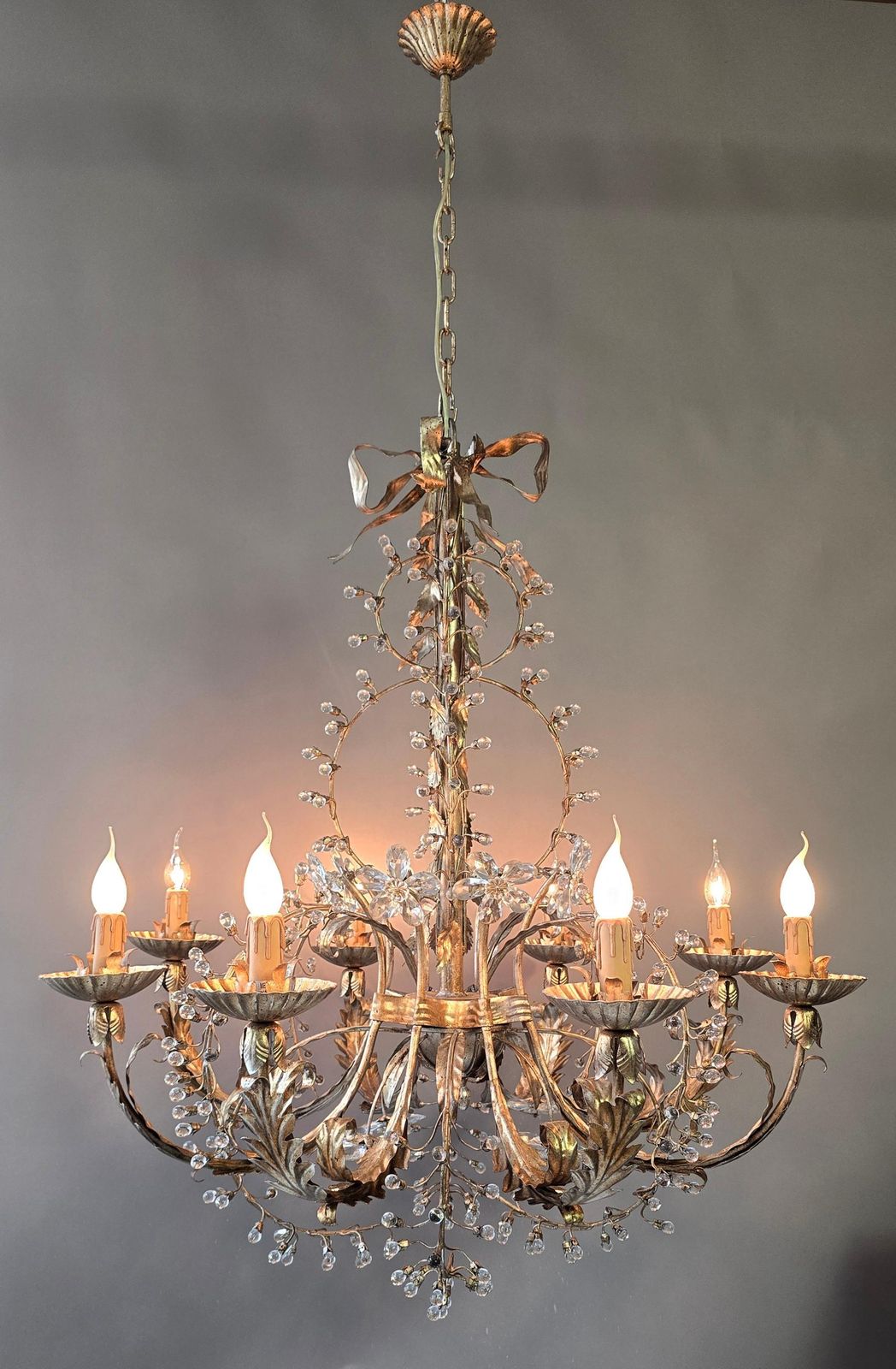 Large Mechini Florence Gilt Iron And Crystal Floral Chandelier, Italy photo Lighting