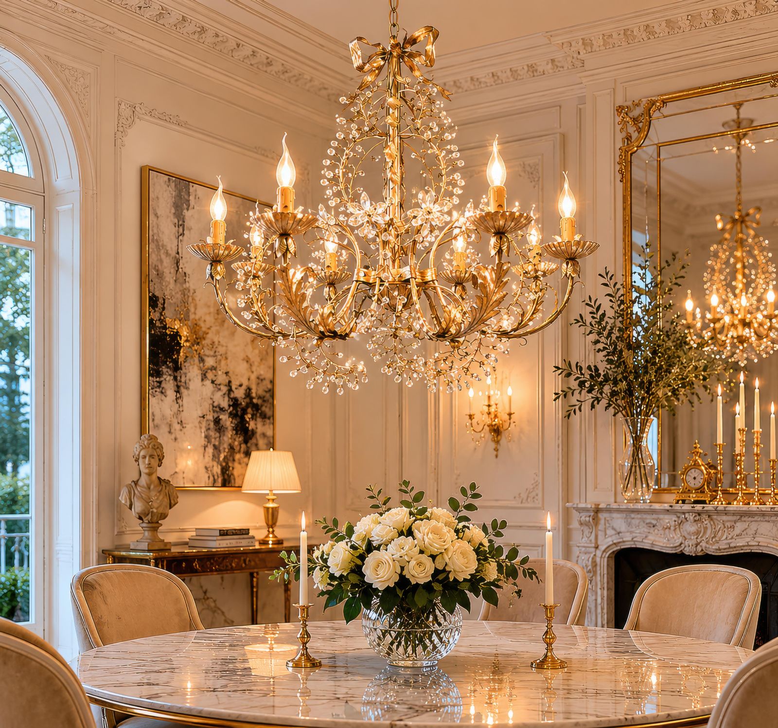 Large Mechini Florence Gilt Iron And Crystal Floral Chandelier, Italy photo vintage