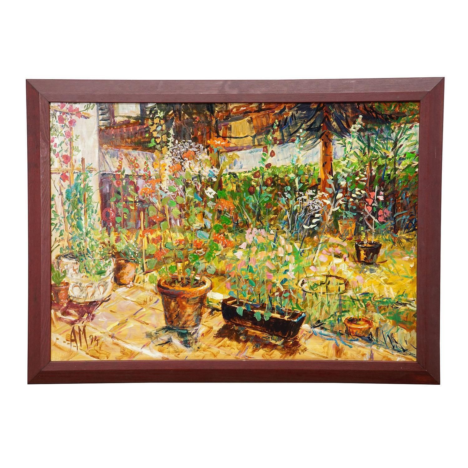 Terras met Geraniumspot, 1994 – Olieverfschilderij van Alexander Michael photo furniture