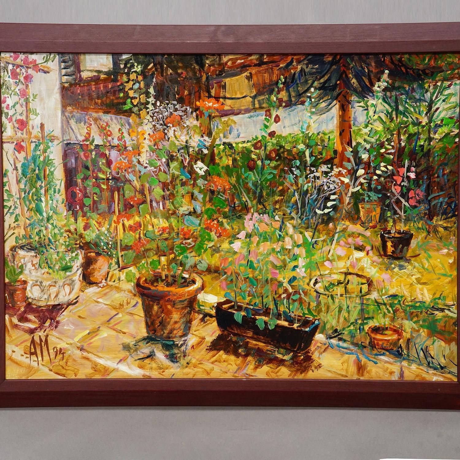Terras met Geraniumspot, 1994 – Olieverfschilderij van Alexander Michael photo Kunst