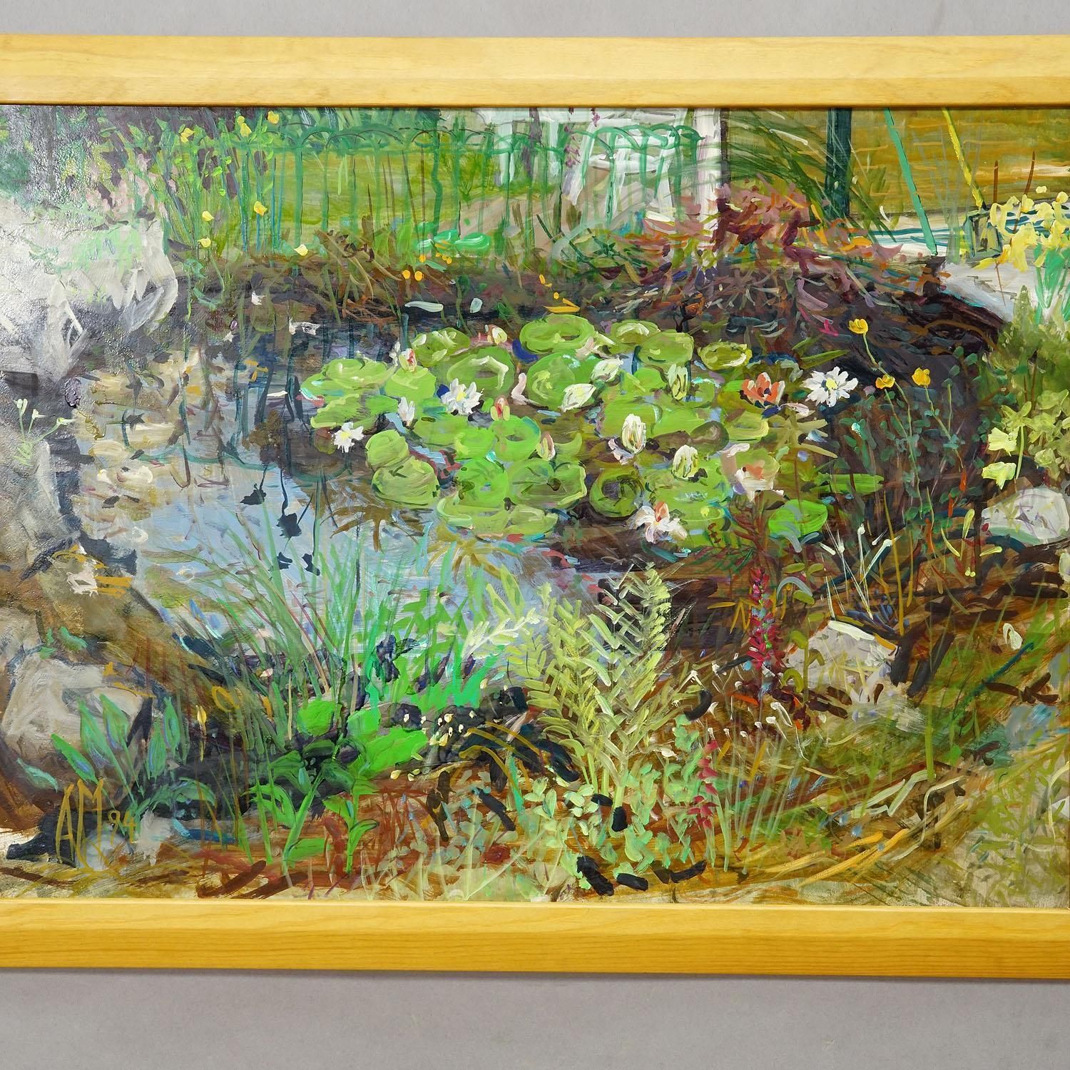 Tuinvijver met waterlelies en rotstuin, 1994 – Olieverfschilderij photo for sale