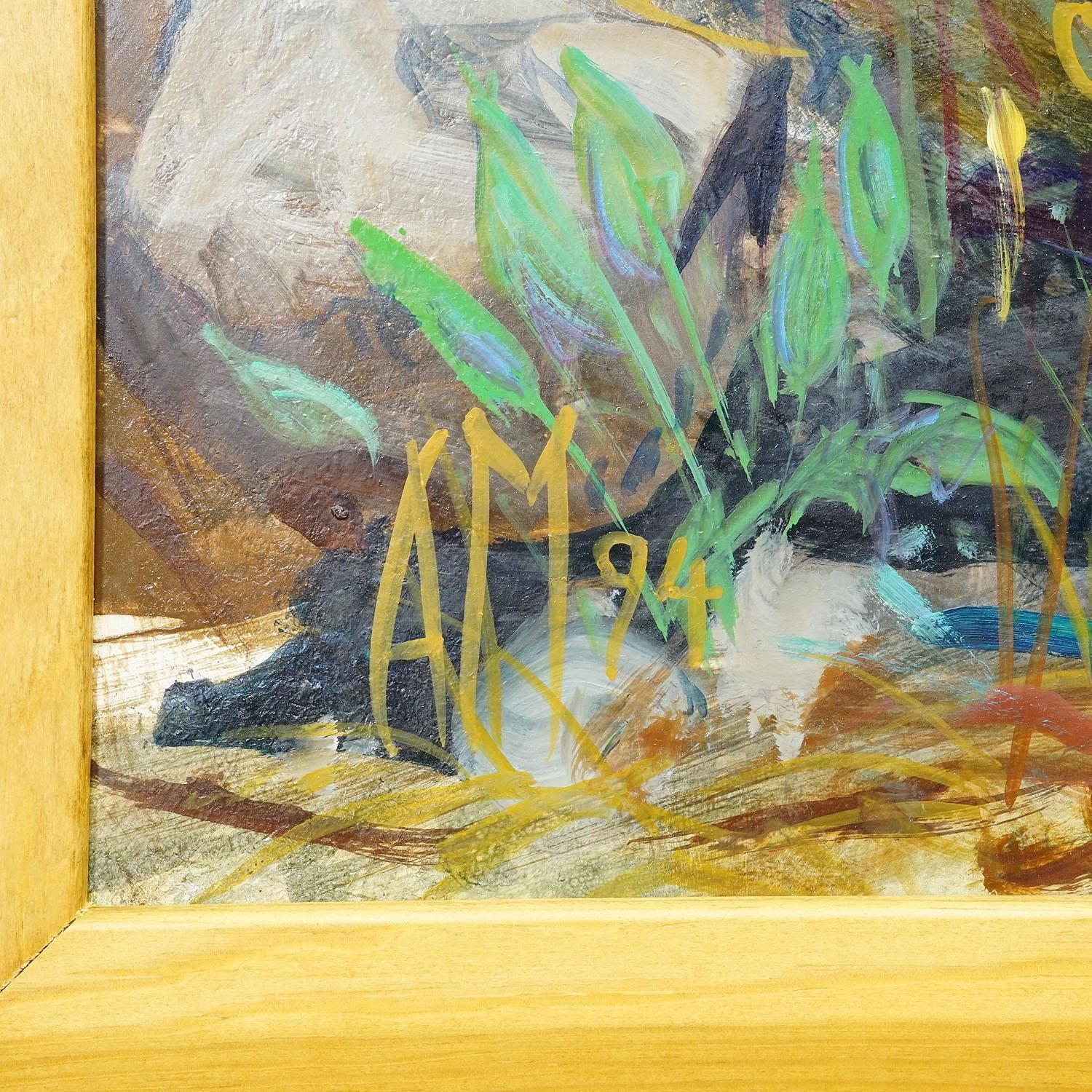 Tuinvijver met waterlelies en rotstuin, 1994 – Olieverfschilderij photo Kunst