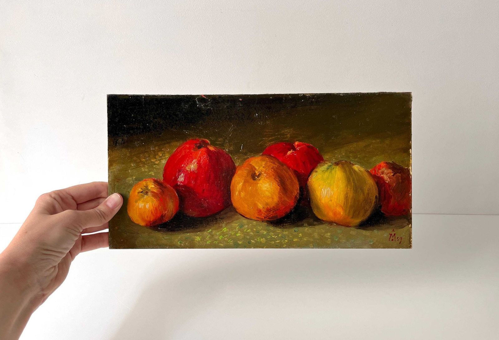 Nature morte aux pommes, huile sur carton d'époque, peinture française de fruits, XIXe siècle - décor de cuisine française photo Art