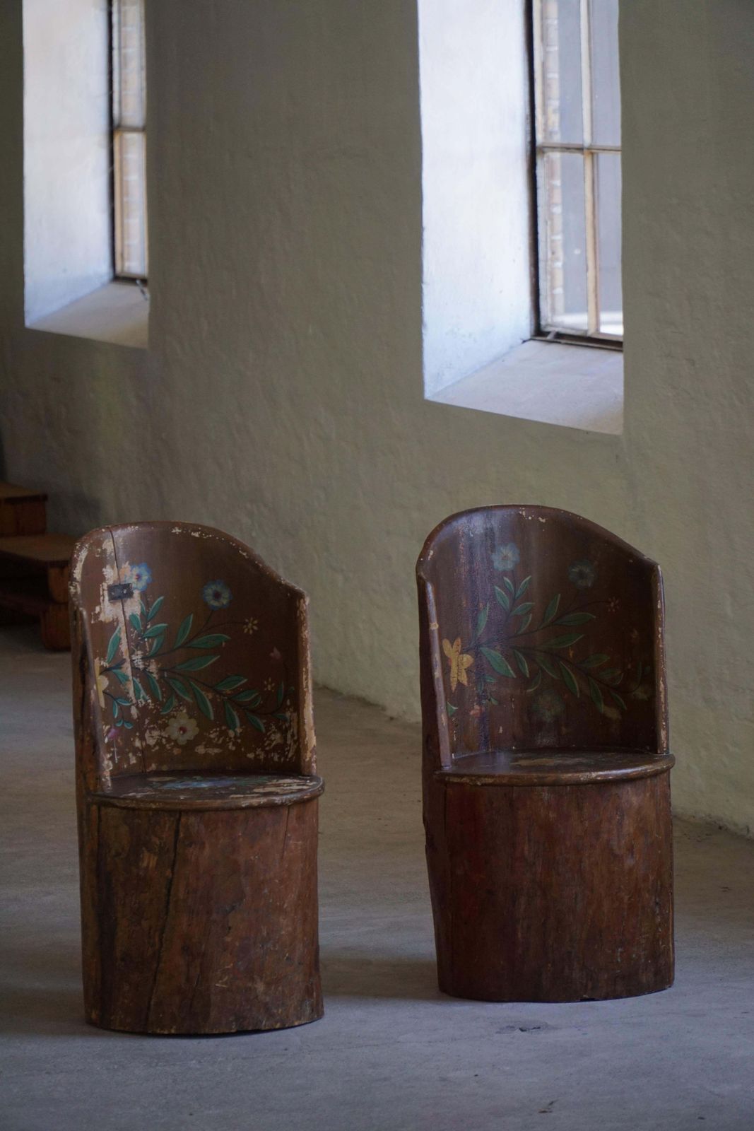 Pair Of Swedish Folk Art Stump Chairs, Painted Floral Motifs, Late 19th Century photo for sale