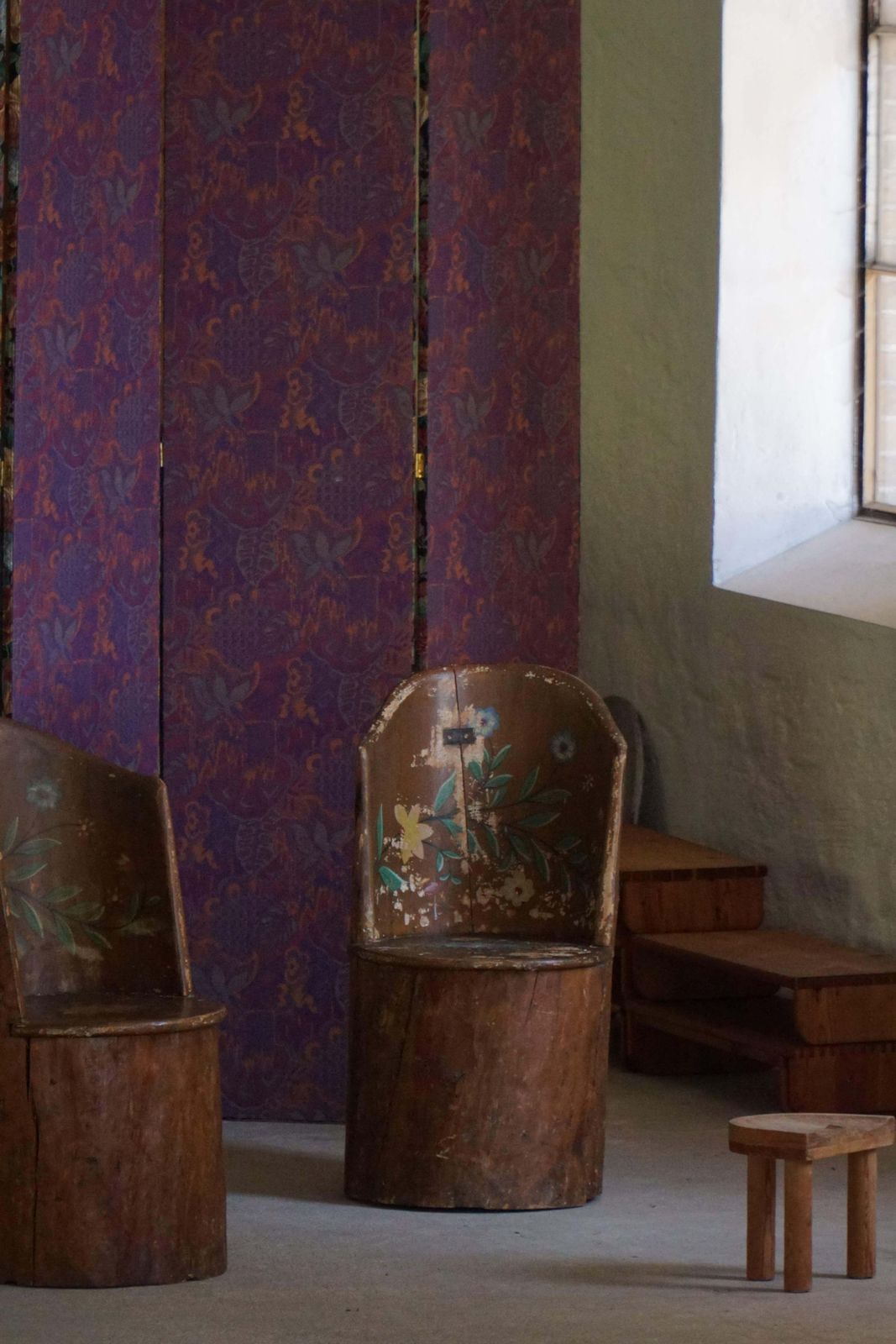 Pair Of Swedish Folk Art Stump Chairs, Painted Floral Motifs, Late 19th Century photo buy