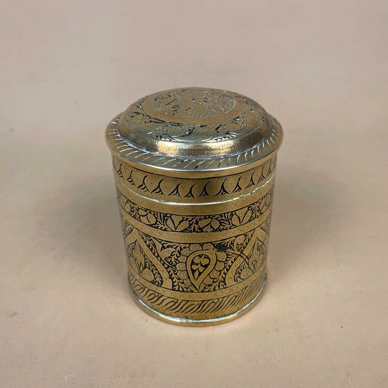 Indian Brass Engraved Lidded Pot Cylinder Canister Decorative Metal Jar Vintage Home Decor Accent