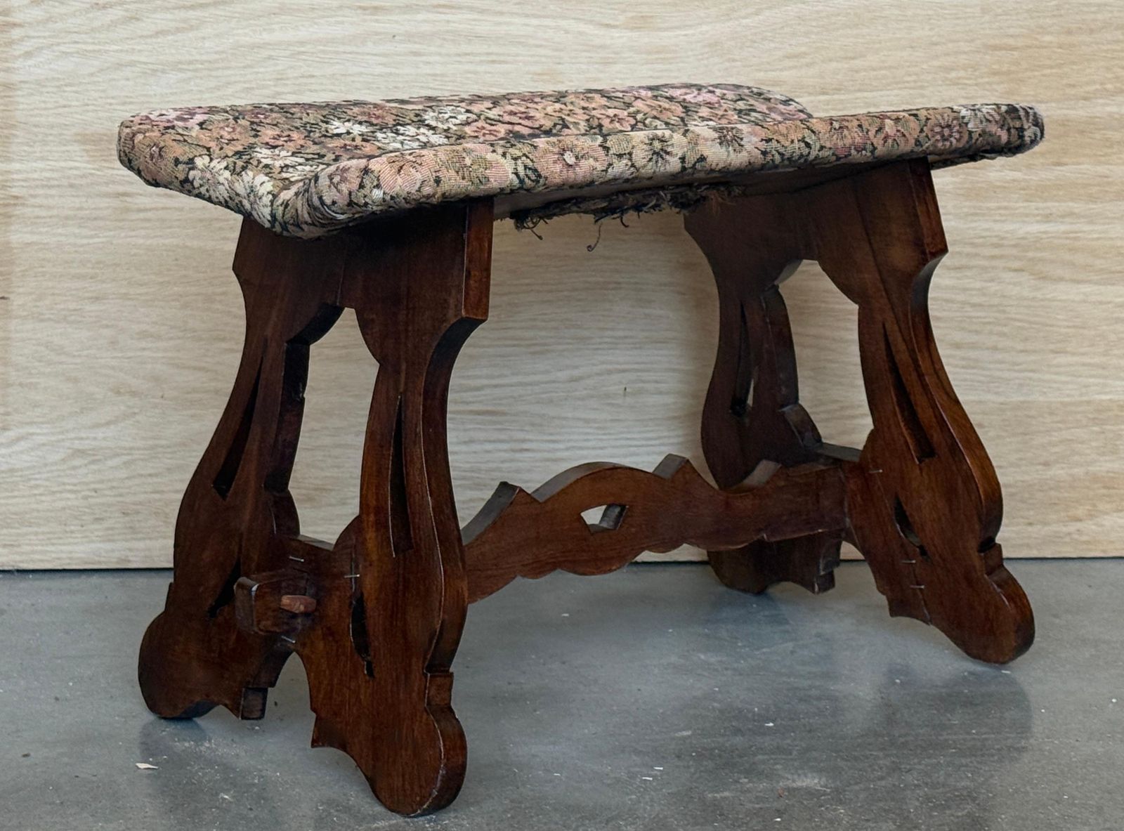 Rustic Spanish Carved Wood Upholstered Bench With Floral Fabric Seat photo vinterior