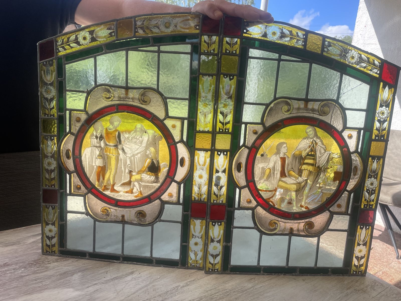 Beautiful Pair Victorian Hand Painted Stained Glass Windows Featuring Cultural Scenes photo vintage