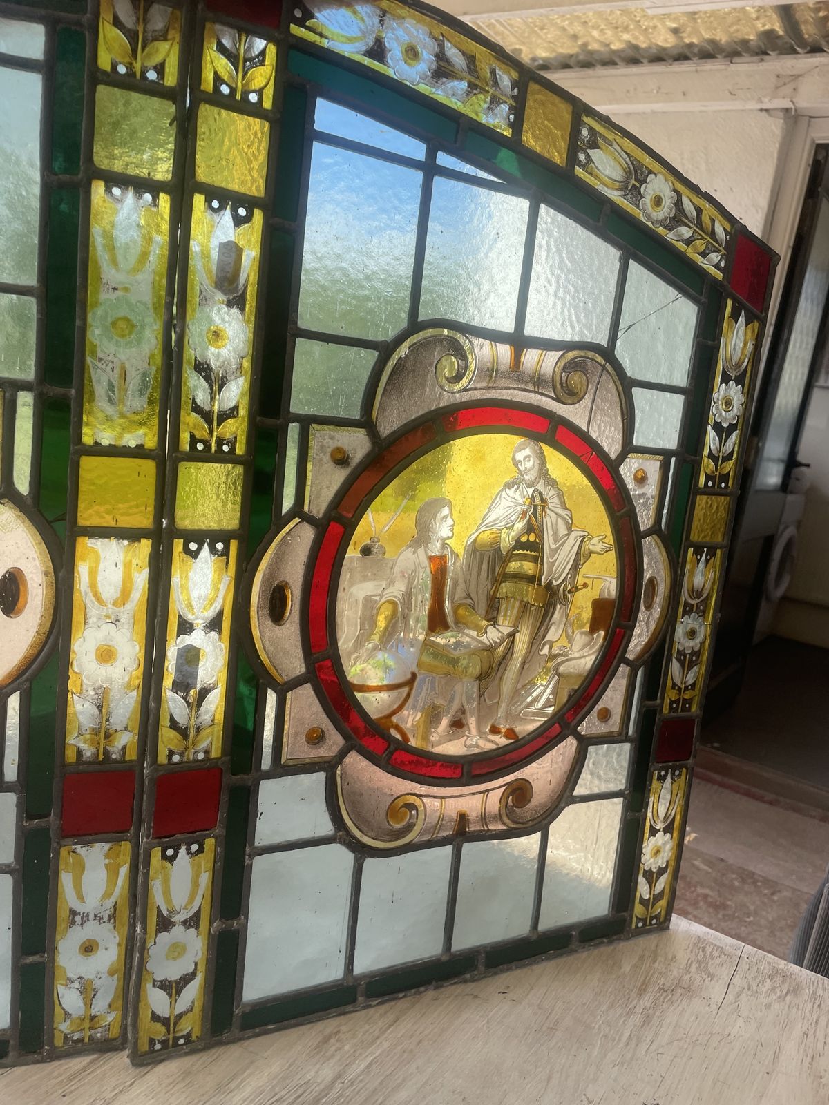 photo for sale Beautiful Pair Victorian Hand Painted Stained Glass Windows Featuring Cultural Scenes
