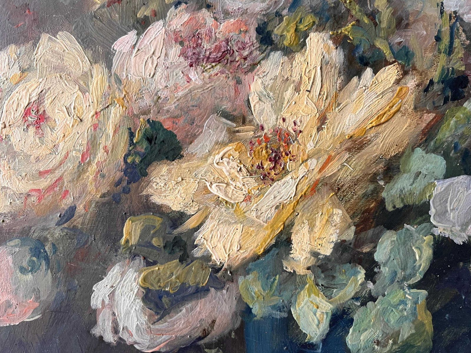 Original 1930s Art Deco Still Life In Oil On Panel "Roses And Poppies", Oval Wooden Frame, French Antique Still Life Painting photo Art