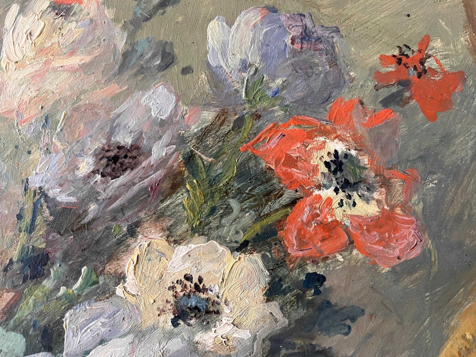 Original 1930s Art Deco Still Life In Oil On Panel "Roses And Poppies", Oval Wooden Frame, French Antique Still Life Painting photo 370.0