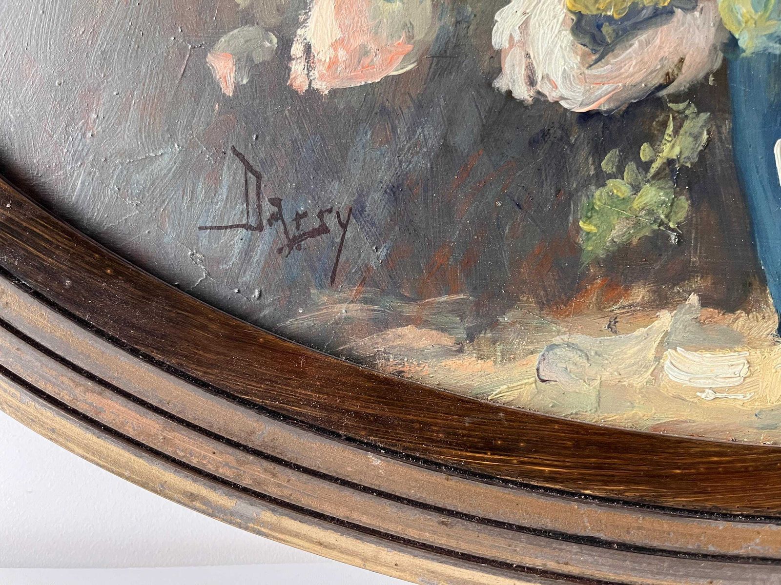 photo furniture Original 1930s Art Deco Still Life In Oil On Panel "Roses And Poppies", Oval Wooden Frame, French Antique Still Life Painting