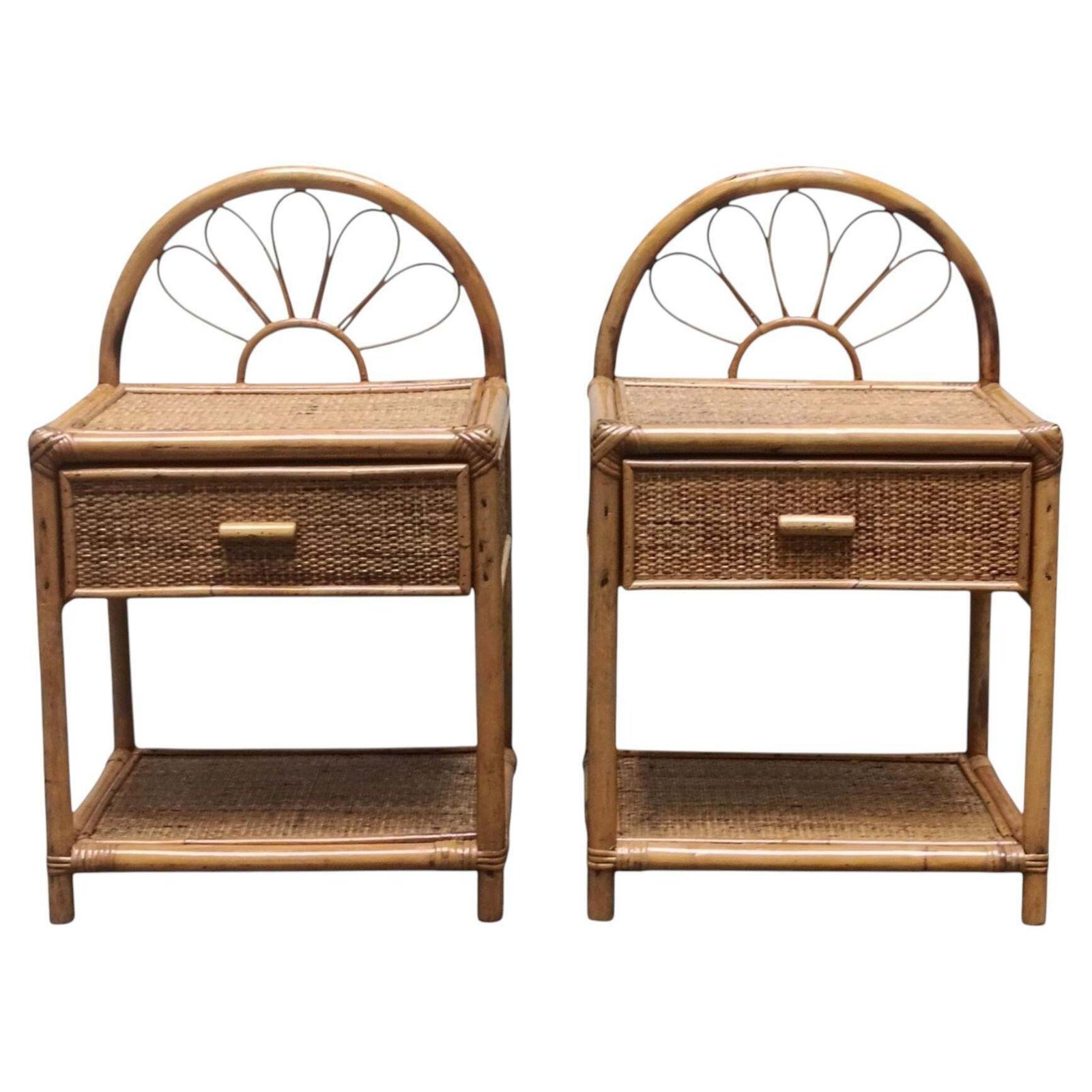 Dal Vera Pair Of Bamboo And Rattan Nightstands Italy 1960s