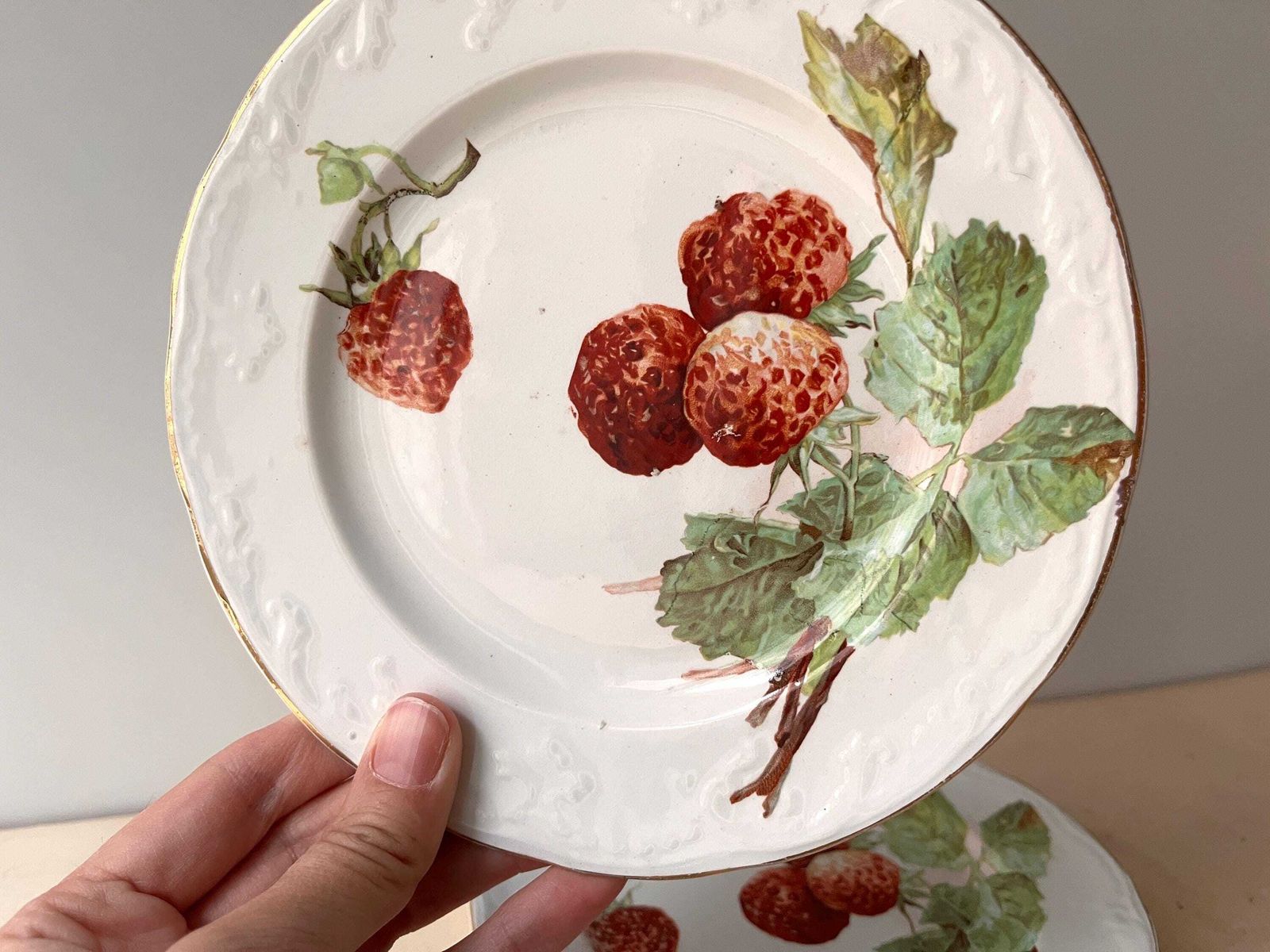 Antieke Franse dessertborden met aardbeienpatroon, Saint Amand Hamage servies in ironstone, ca. 1900 photo vinterior
