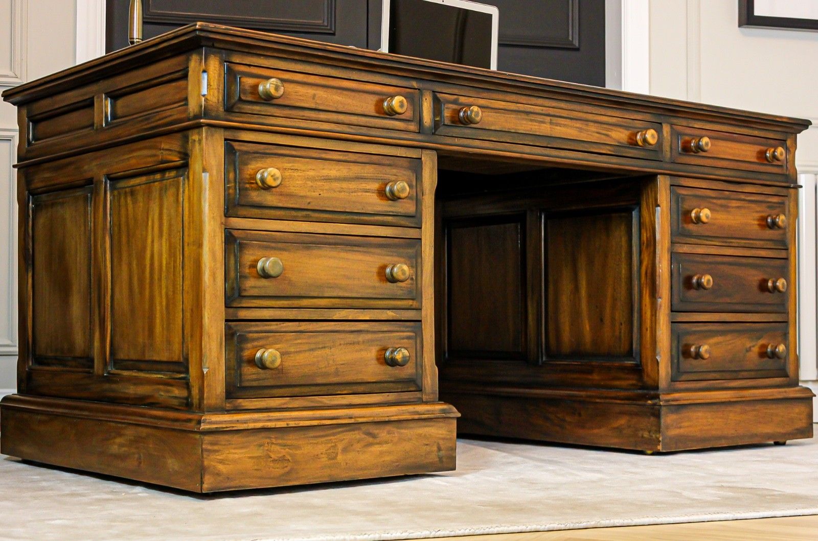 Large Antique Solid Mahogany Twin Pedestal Partners Leather Top Writing Desk photo furniture
