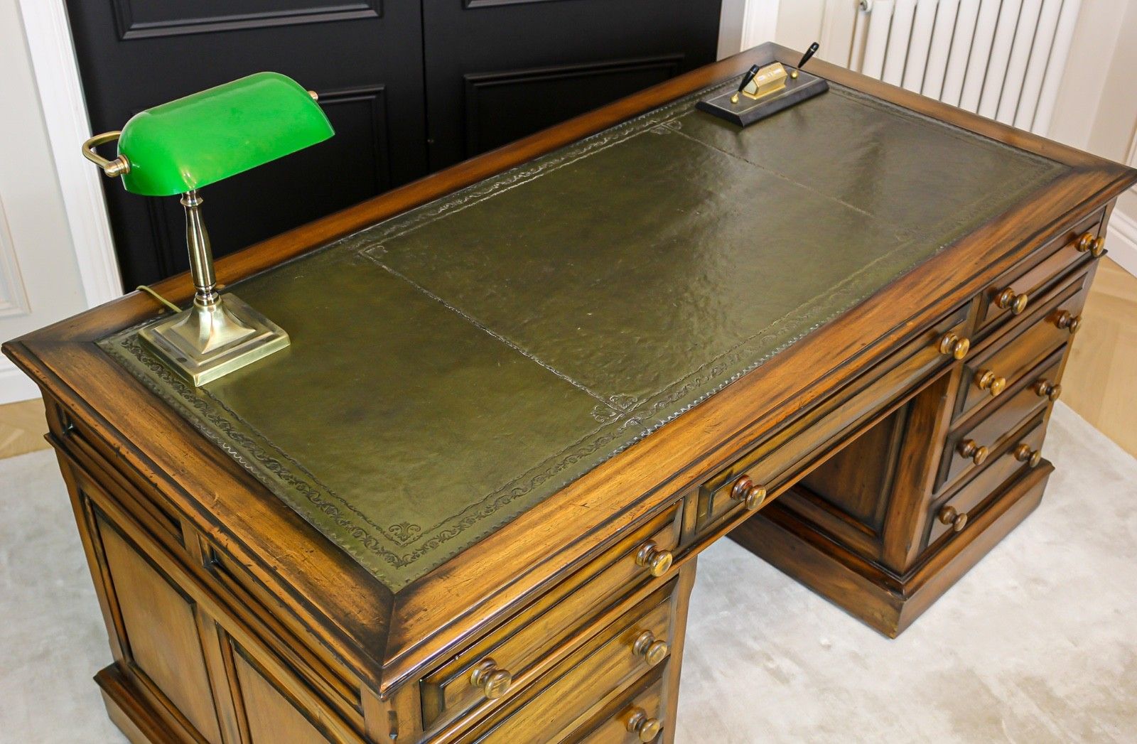 Large Antique Solid Mahogany Twin Pedestal Partners Leather Top Writing Desk photo for sale