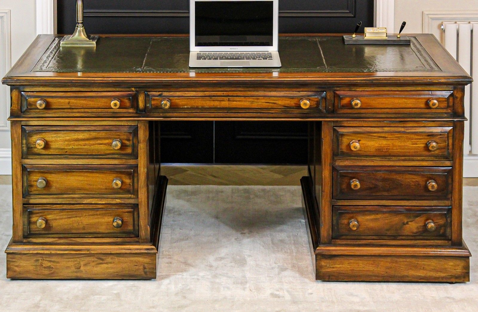 Large Antique Solid Mahogany Twin Pedestal Partners Leather Top Writing Desk photo vinterior