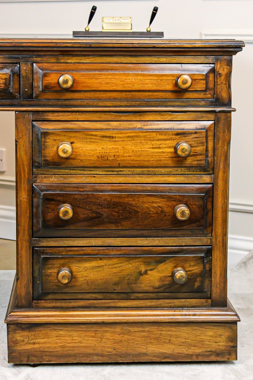 1150.0 Large Antique Solid Mahogany Twin Pedestal Partners Leather Top Writing Desk photo