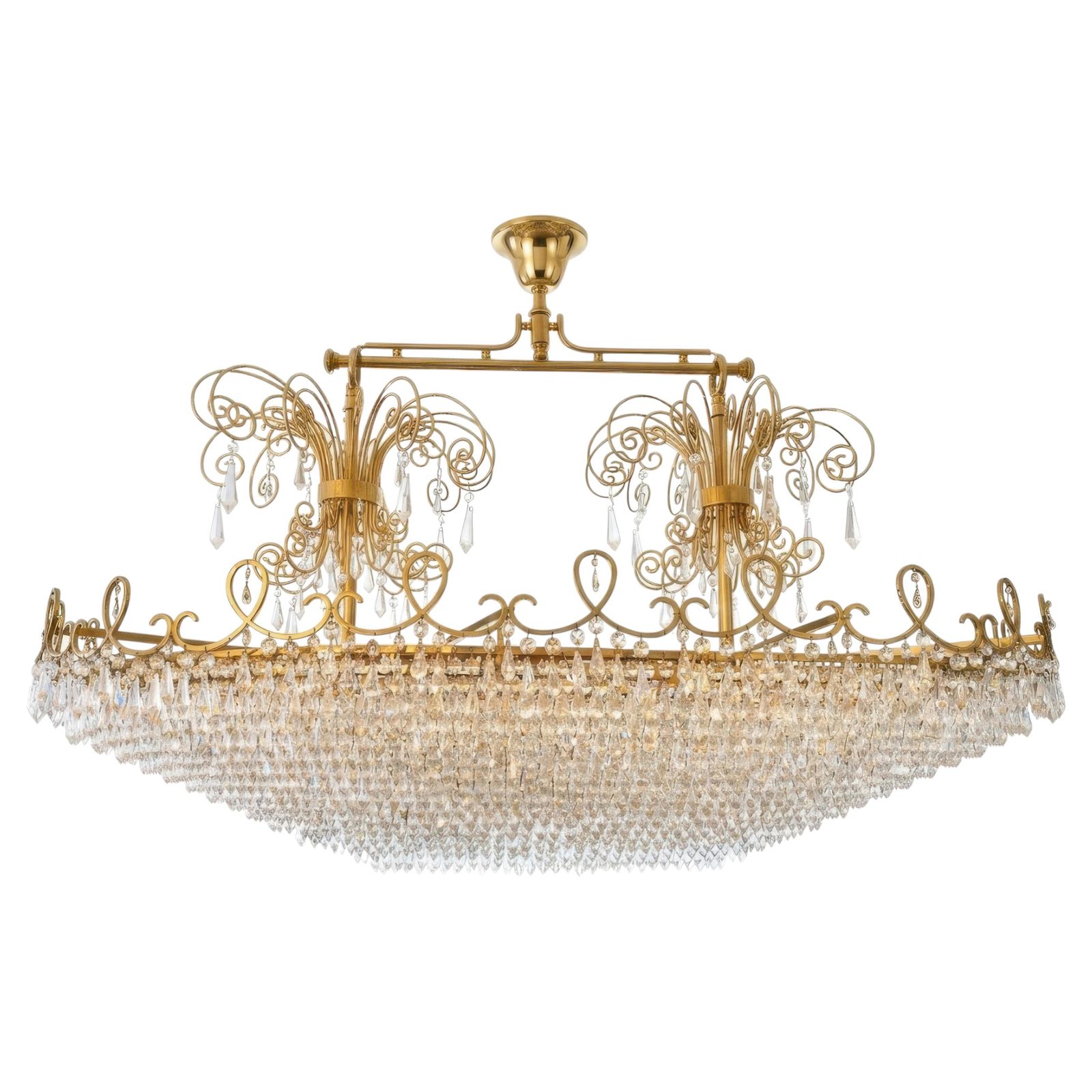 Monumental Italian Oval Crystal Chandelier With Ornate Brass Frame Circa 1970 photo furniture