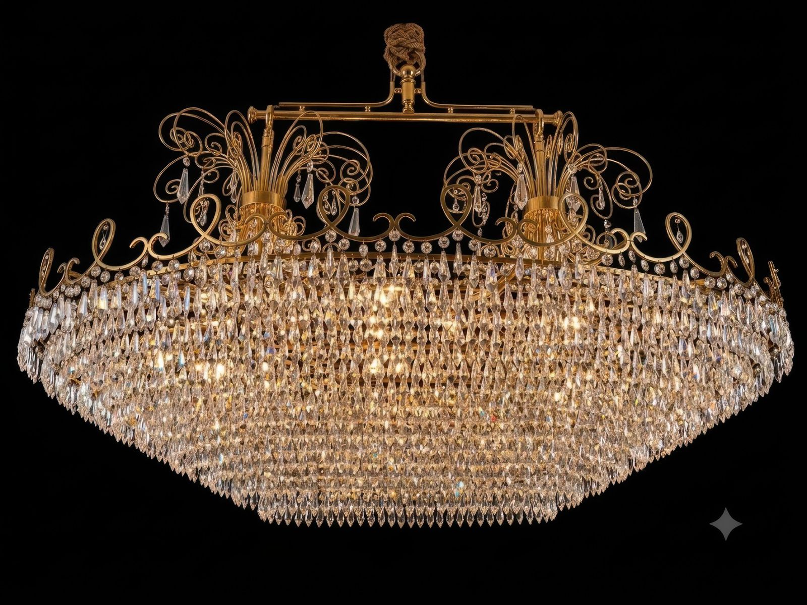 Monumental Italian Oval Crystal Chandelier With Ornate Brass Frame Circa 1970 photo Lighting