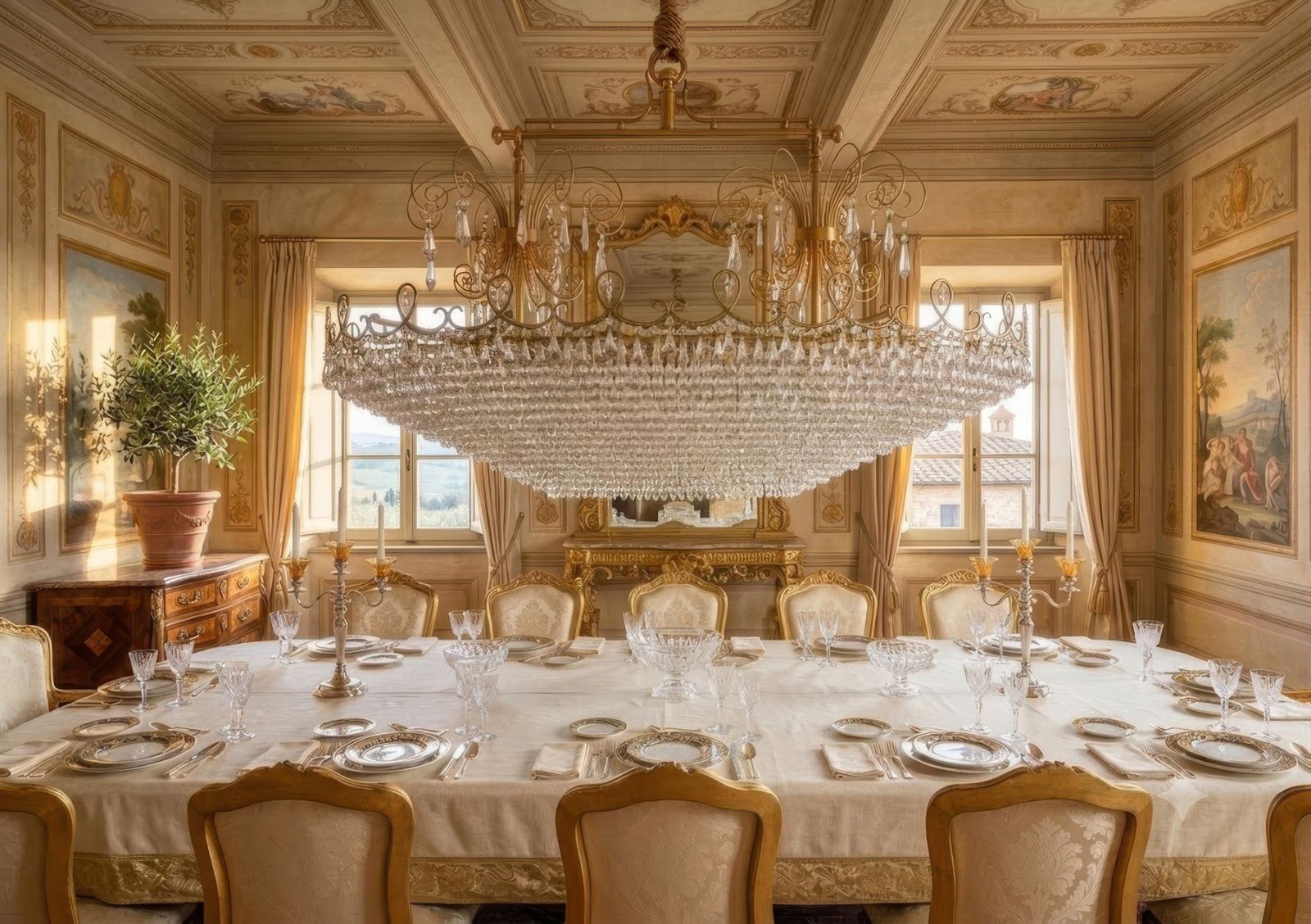 Monumental Italian Oval Crystal Chandelier With Ornate Brass Frame Circa 1970 photo buy