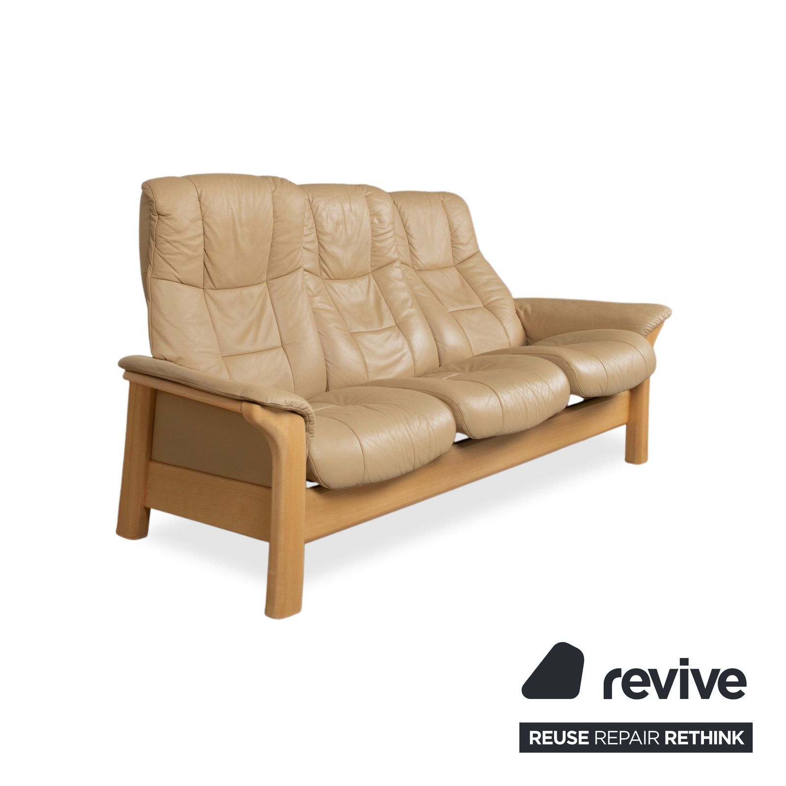 Canapé Stressless Windsor 3 places en cuir et bois, beige crème photo 1899.0
