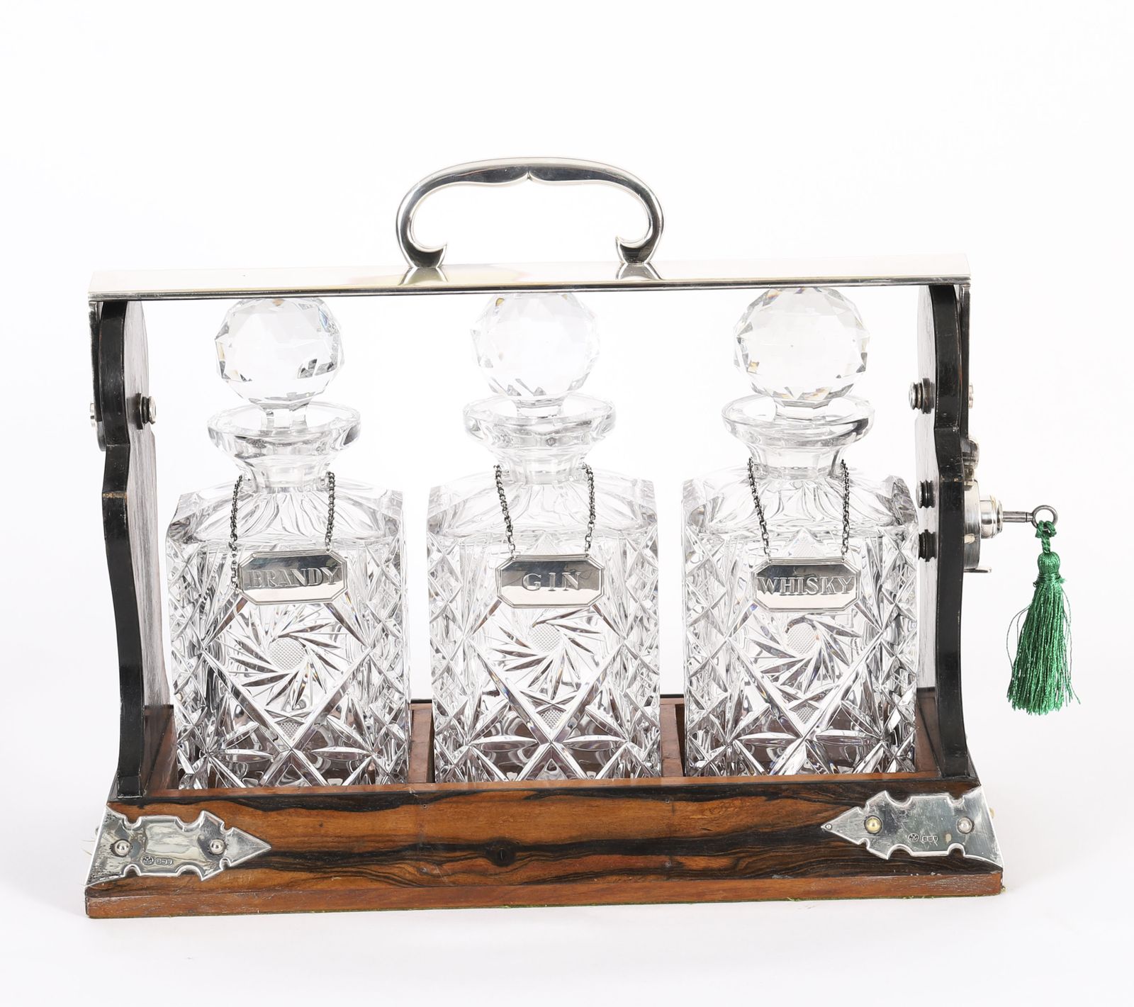 Antique Betjemann’s Coromandel 3 Crystal Decanter Tantalus Silver Hallmarks 1907 photo furniture