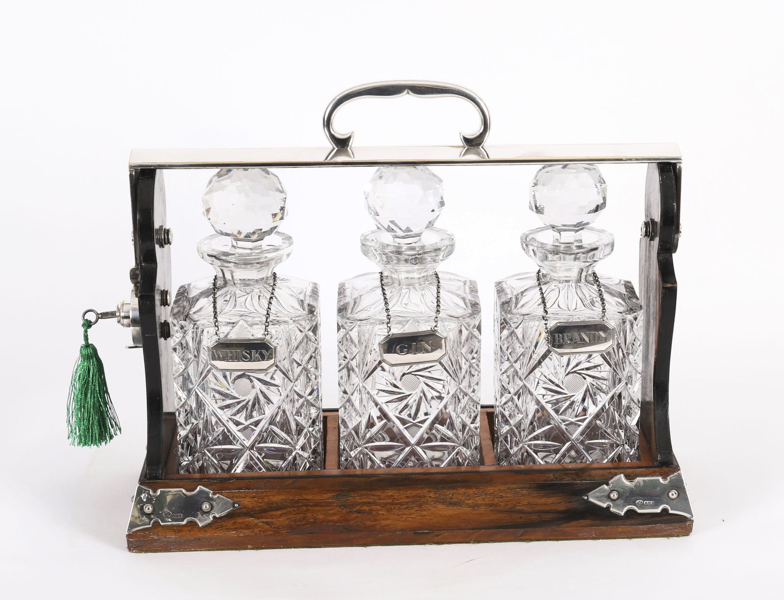 photo buy Antique Betjemann’s Coromandel 3 Crystal Decanter Tantalus Silver Hallmarks 1907