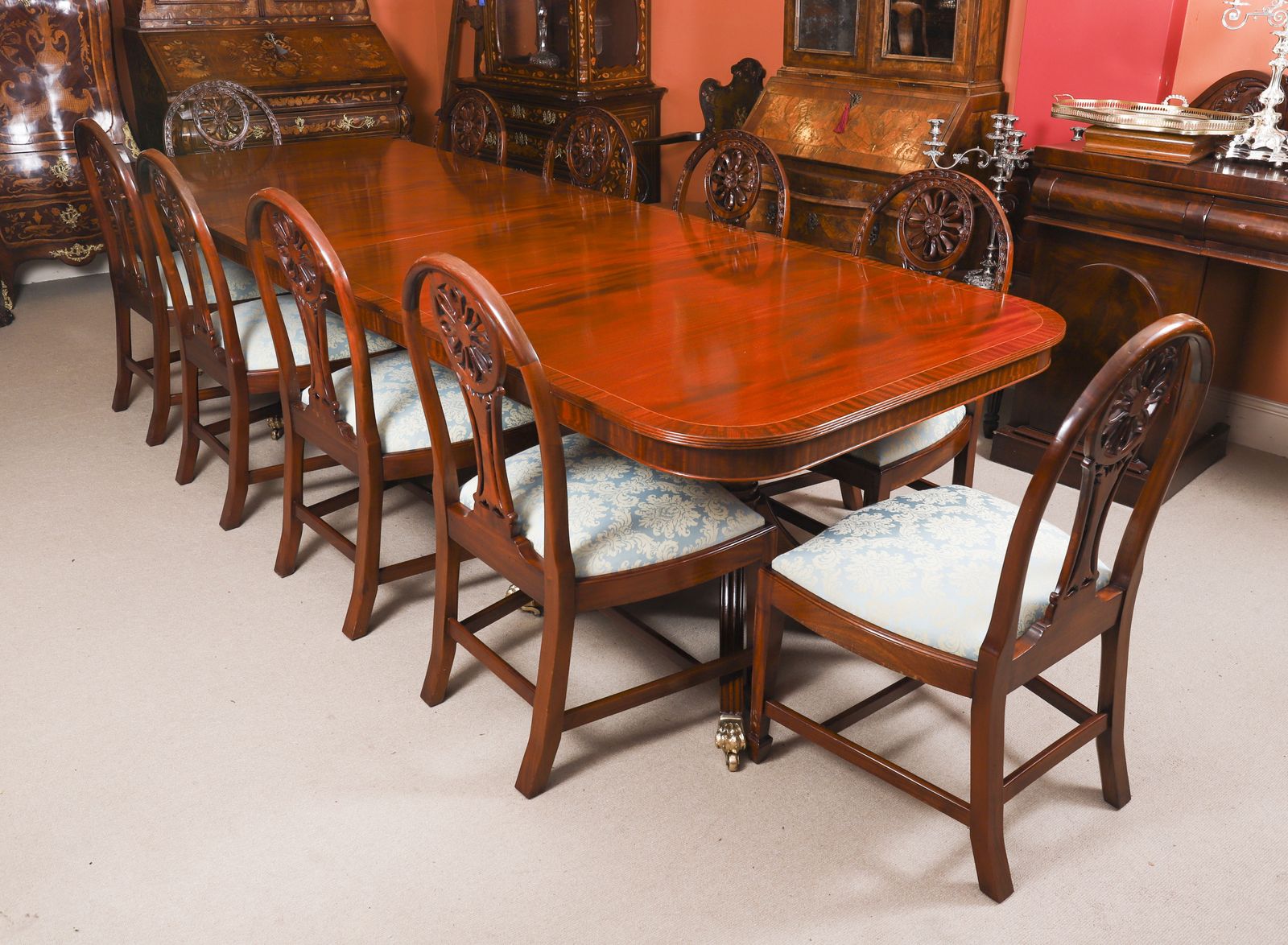 Vintage Regency Revival Flame Mahogany Dining Table Set Mid 20th C