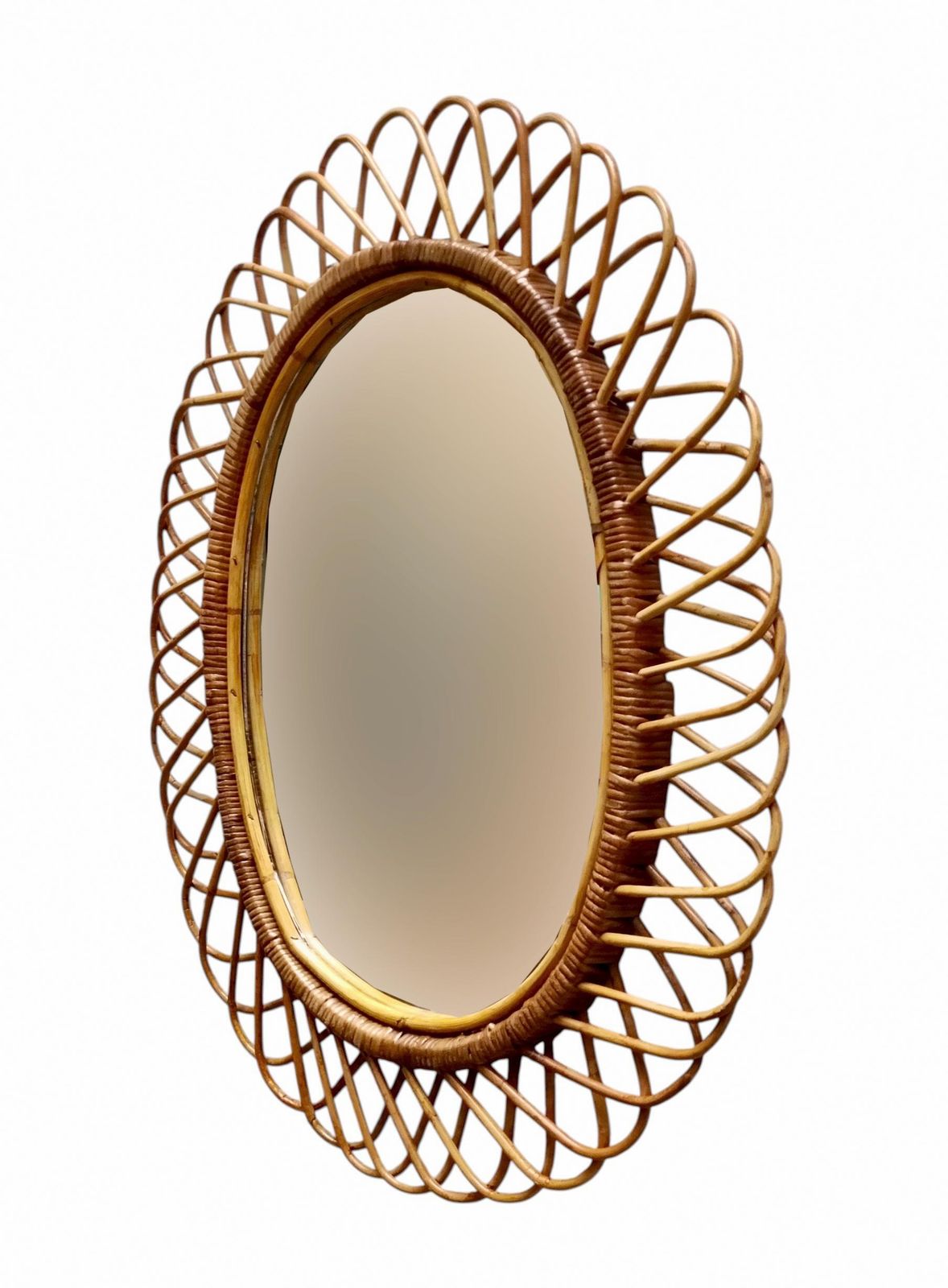 Franco Albini Style Oval Rattan Wall Mirror Italy 1960s photo for sale