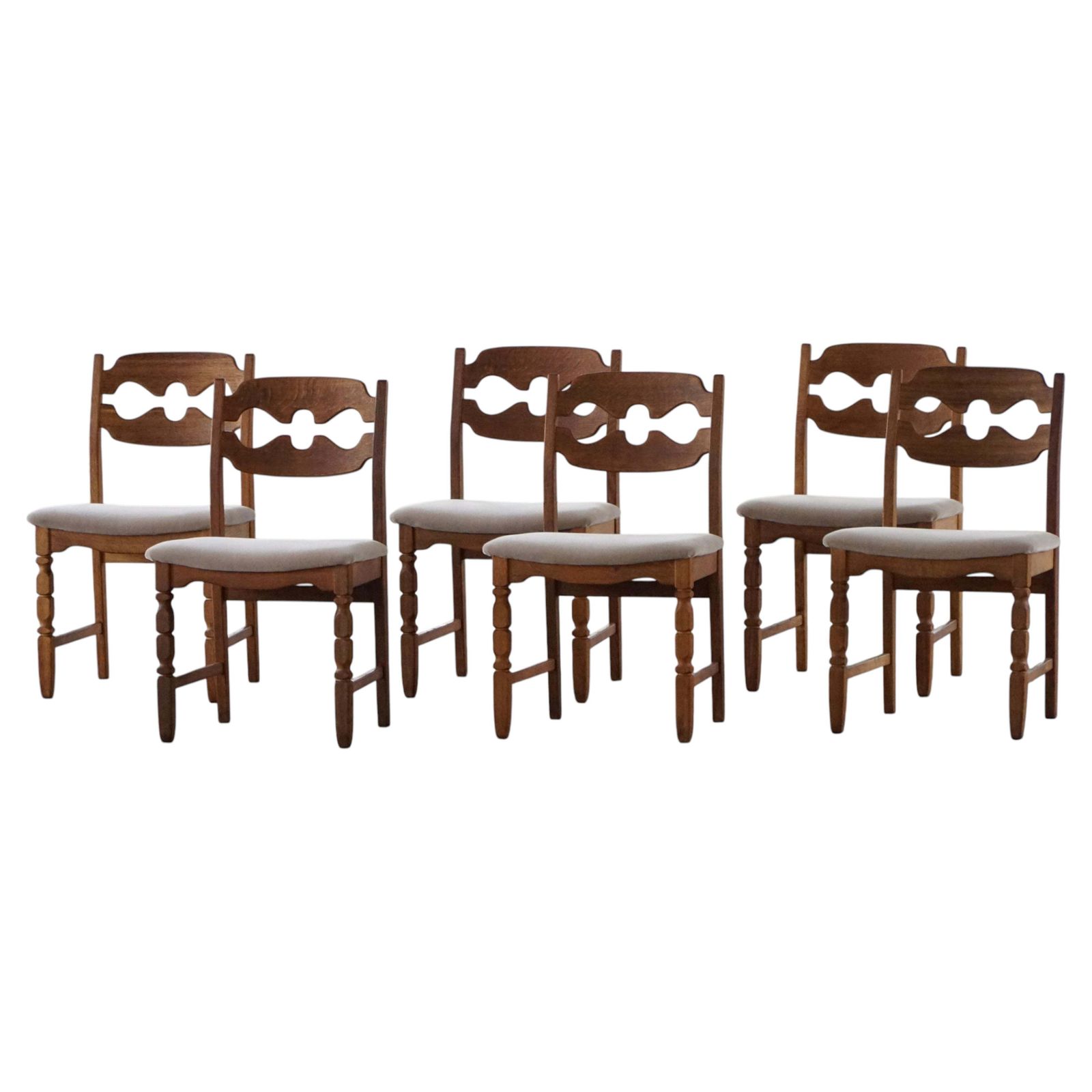 Set Of 6 Henning Kjærnulf “Razorblade” Dining Chairs In Oak & Mohair, 1960s