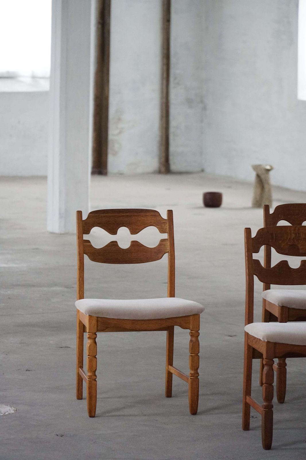 Set Of 6 Henning Kjærnulf “Razorblade” Dining Chairs In Oak & Mohair, 1960s photo vintage