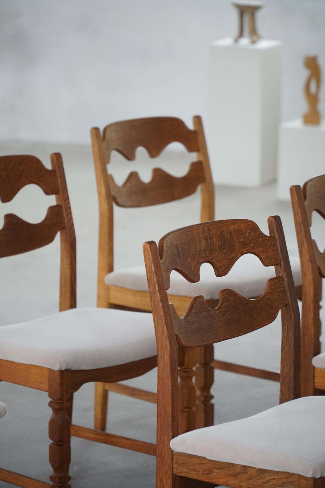 Furniture Set Of 6 Henning Kjærnulf “Razorblade” Dining Chairs In Oak & Mohair, 1960s photo