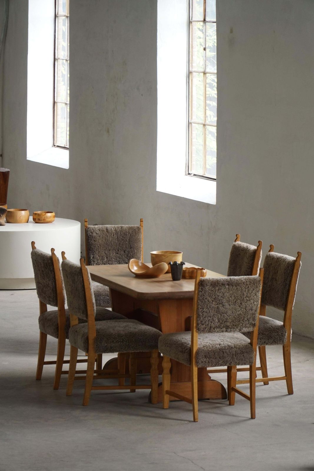 photo for sale Set Of 6 Dining Chairs, Oak & Lambswool, Henning Kjærnulf, Danish Modern, 1950s