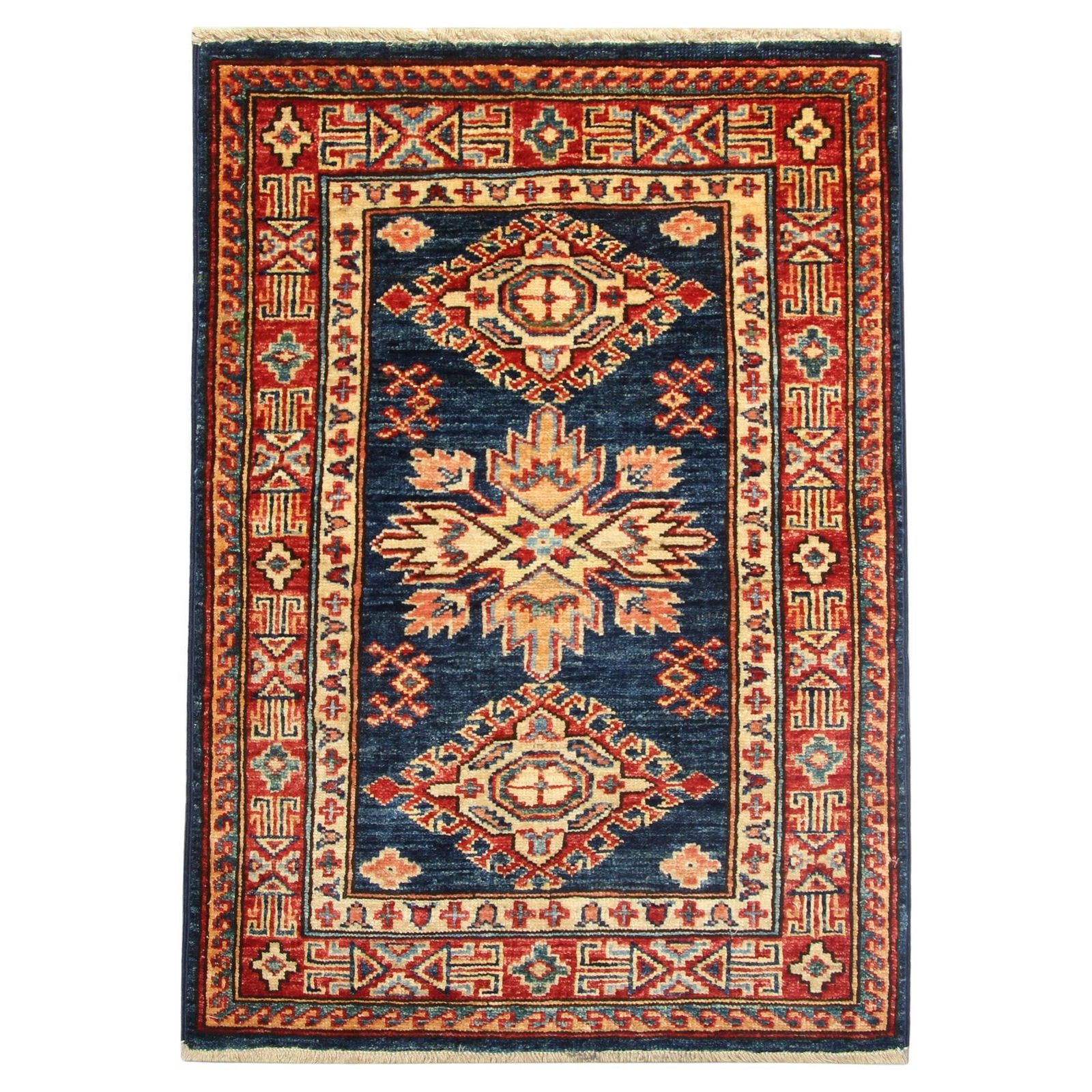 Blue Geometric Rug Oriental Carpet, Traditional Kazak Rustic Rug For Living Room