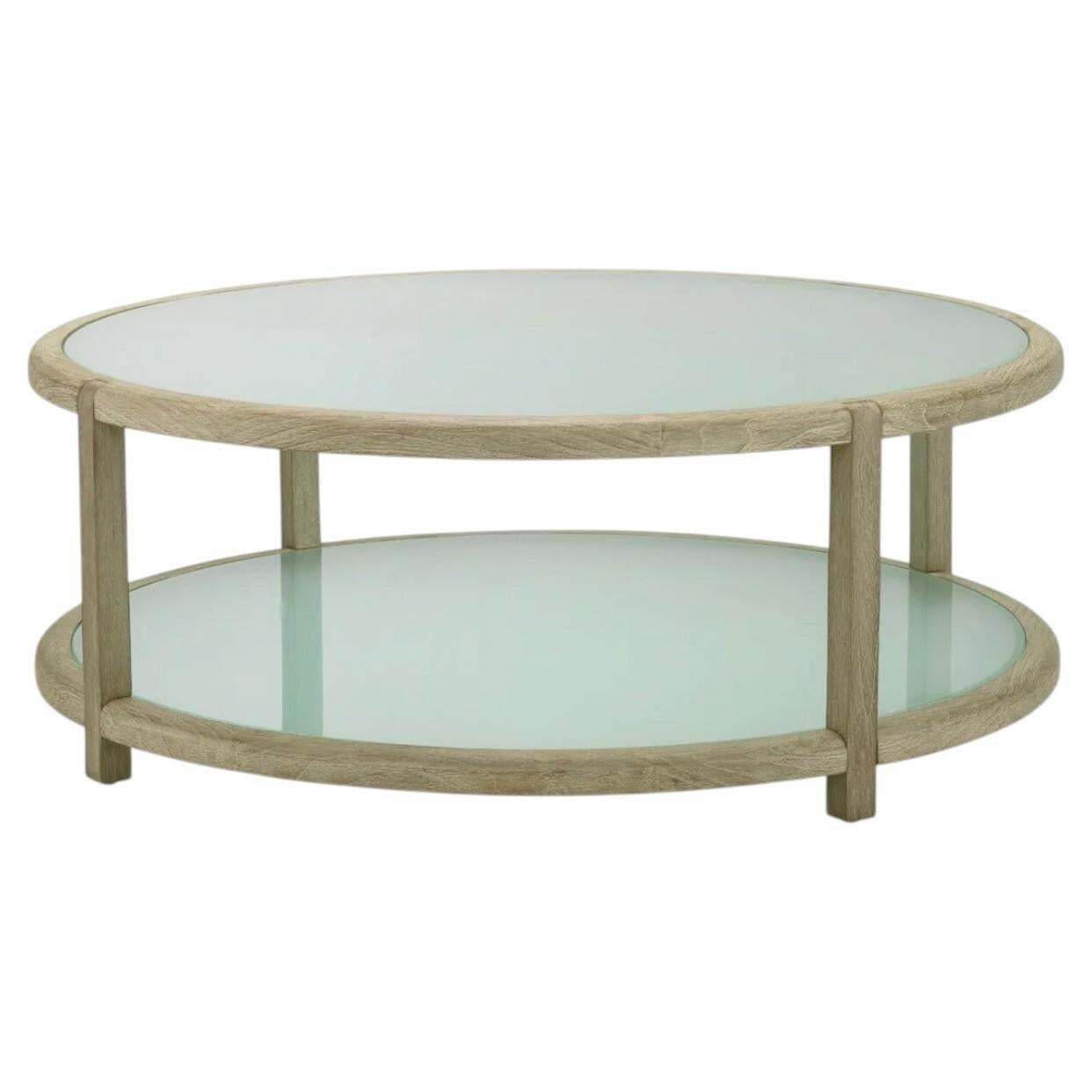 Round Outdoor Coffee Table In Aged Teak And Frosted Glass.