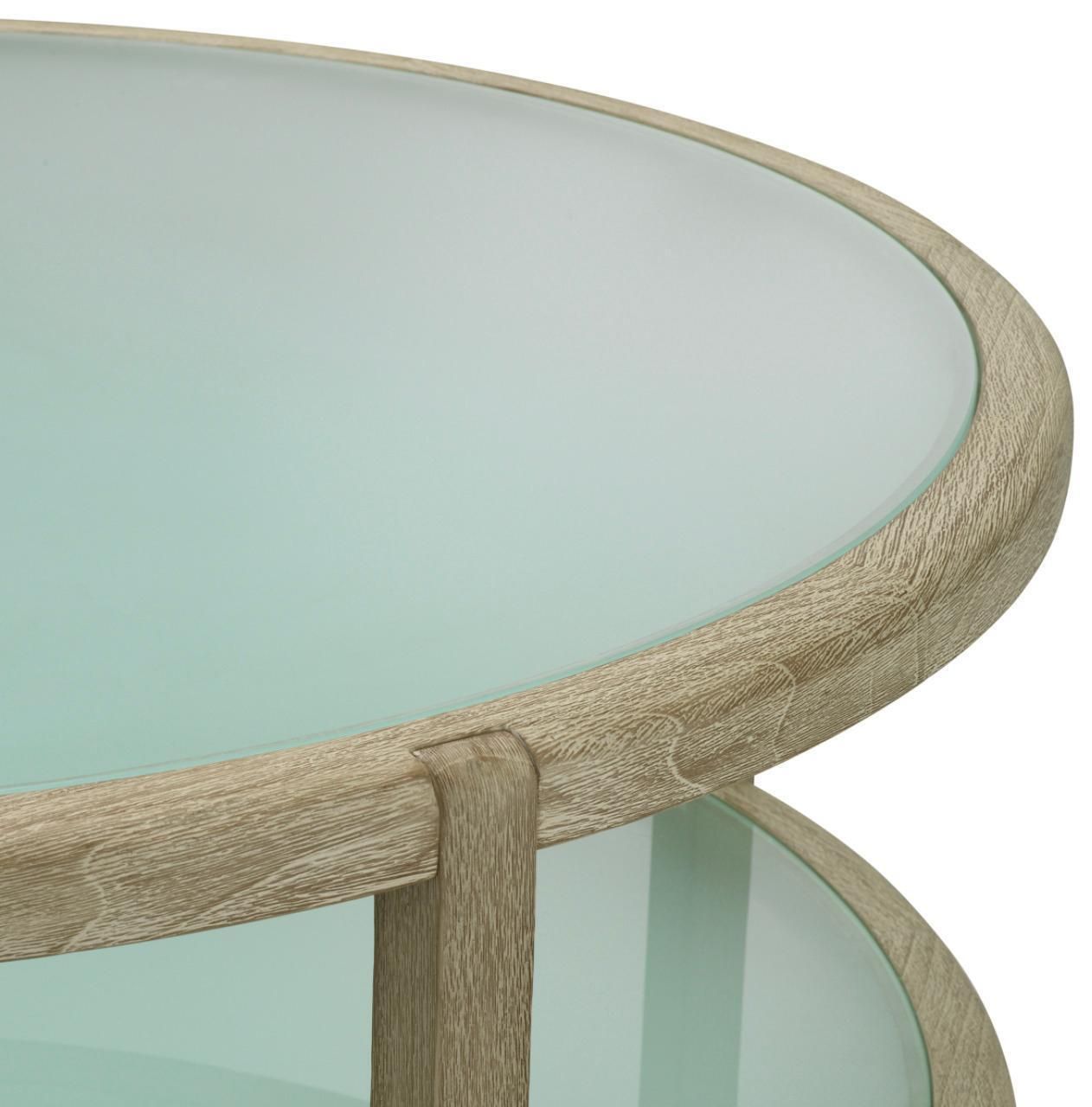 Round Outdoor Coffee Table In Aged Teak And Frosted Glass. photo vinterior