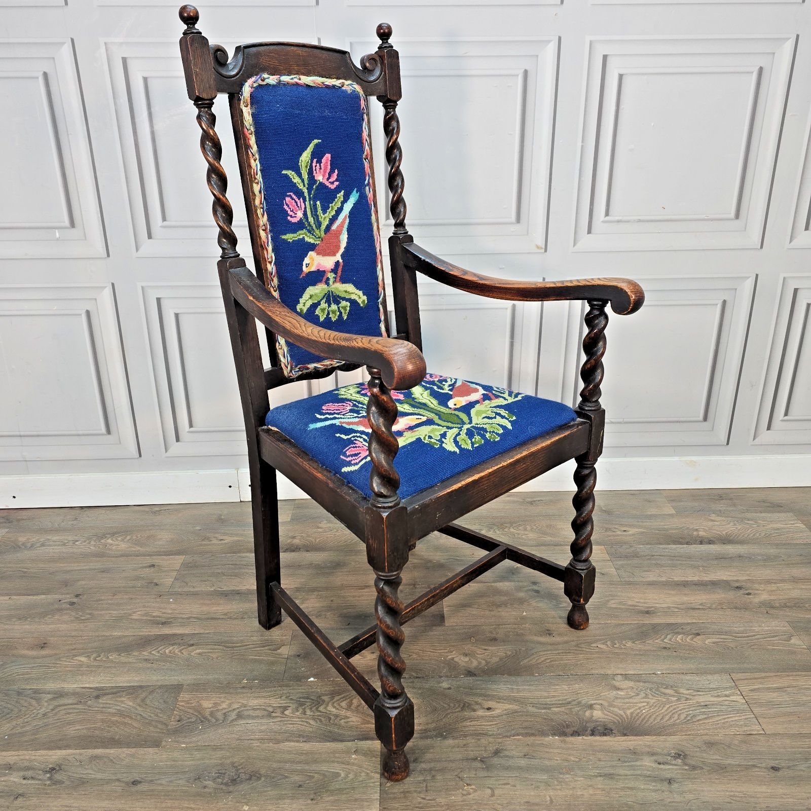 Antique Oak Wooden Armchair   Barley Twist Tapestry Upholstered Hall Chair Seat