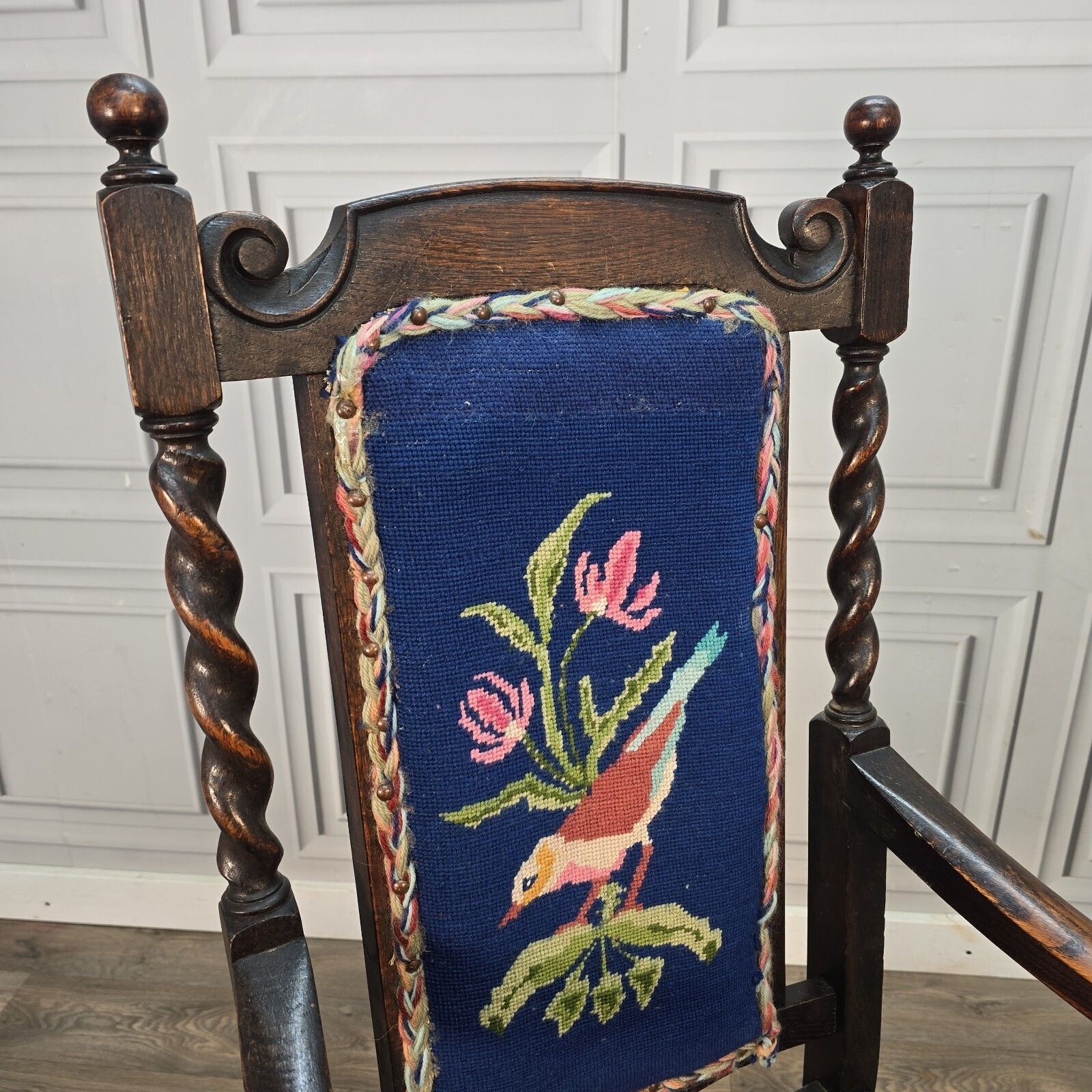 Antique Oak Wooden Armchair   Barley Twist Tapestry Upholstered Hall Chair Seat photo 230.0
