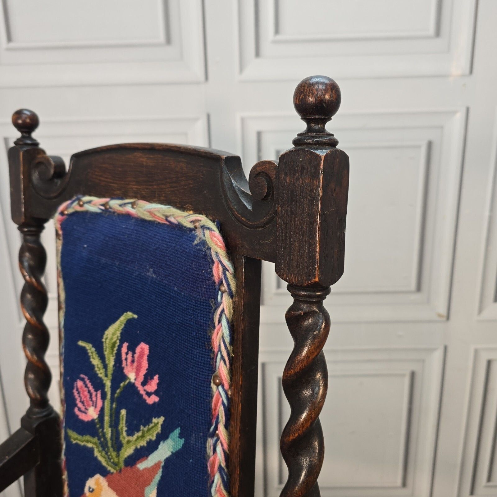 Furniture Antique Oak Wooden Armchair   Barley Twist Tapestry Upholstered Hall Chair Seat photo