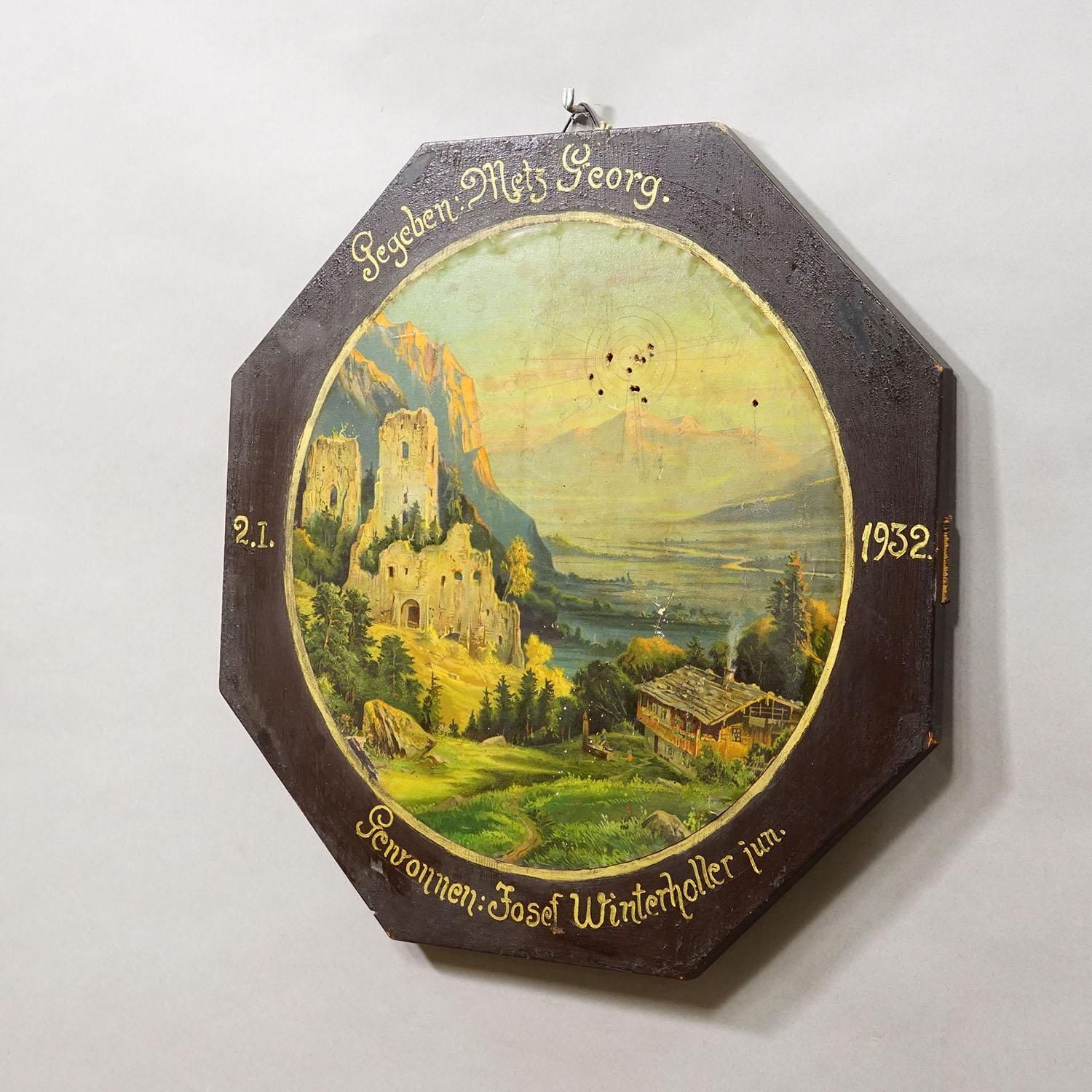 Antiek Ereschijf met Alpenlandschap en Kasteelruïnes, Duitsland 1932 photo furniture
