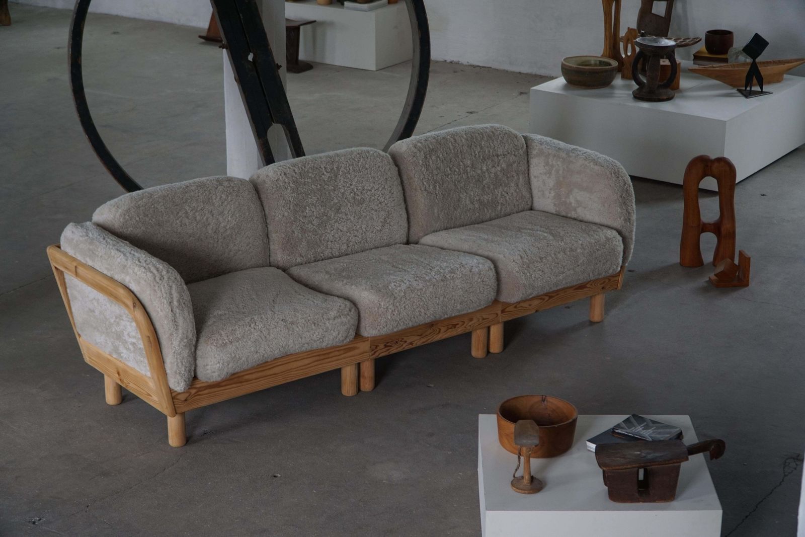 photo buy Danish Modern, Three Seater Sofa In Pine & Lambswool, Late 20th Century, 1980s
