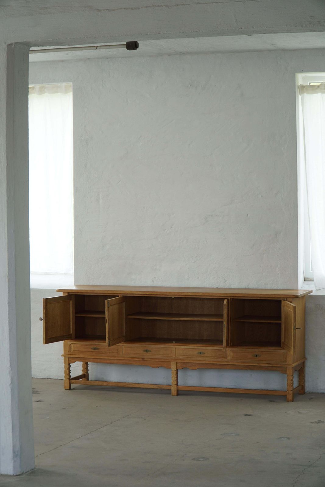 photo furniture Low Brutalist Sideboard In Oak, Danish Mid Century, Henning Kjærnulf, 1960s